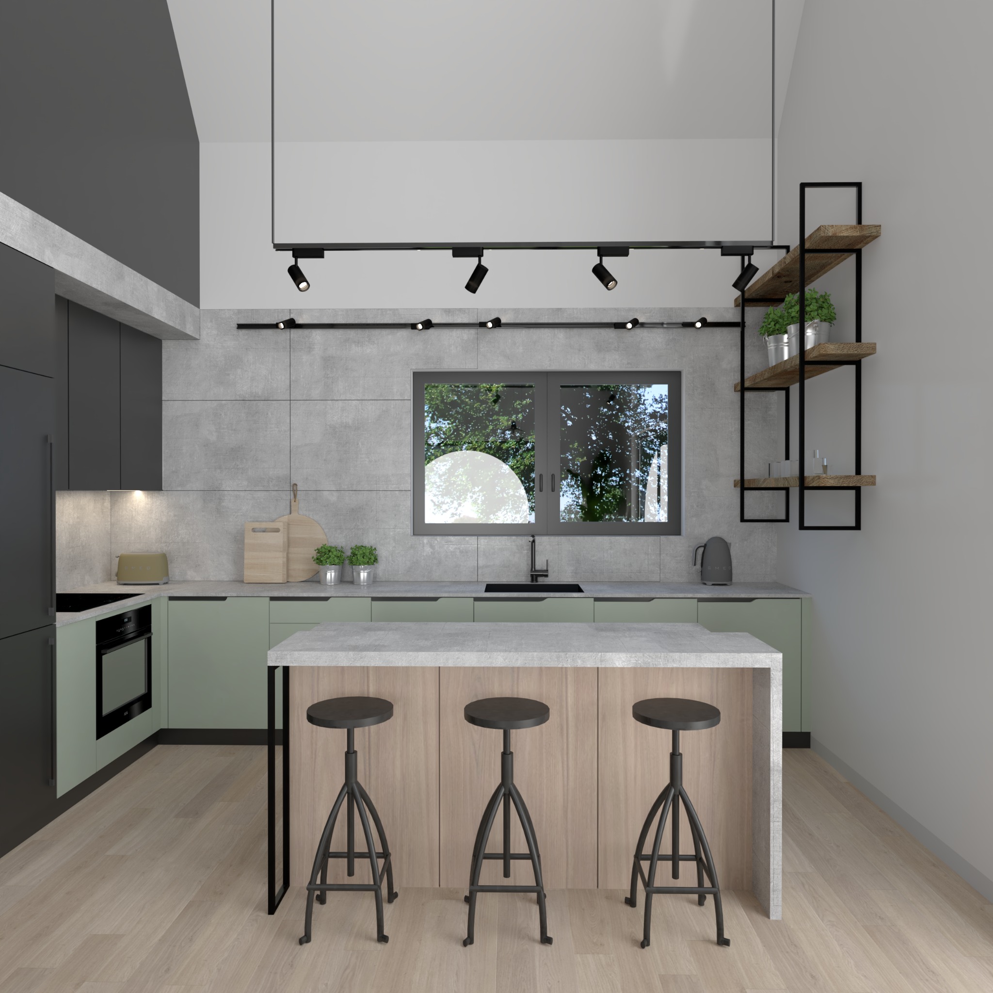 Wizualizacja nowoczesnej kuchni z wyspą, oświetleniem szynowym i drewnianymi półkami. Uwagę przyciągają pastelowe, zielone szafki i industrialne stołki barowe.