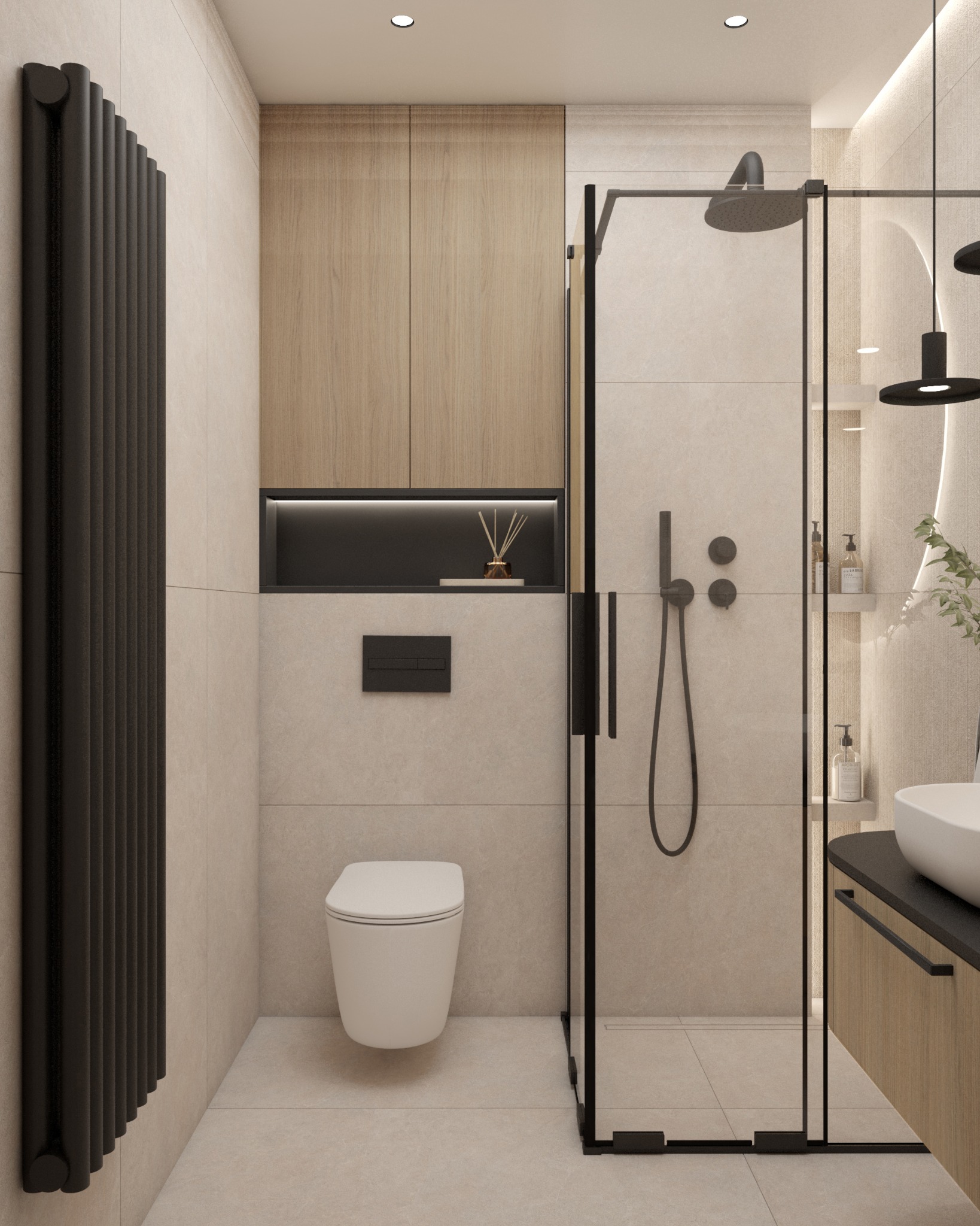 Nowoczesna łazienka z kabiną prysznicową typu walk-in, wiszącą toaletą, grzejnikiem drabinkowym i szafkami z drewnianymi frontami. Minimalistyczny design, beżowe płytki.