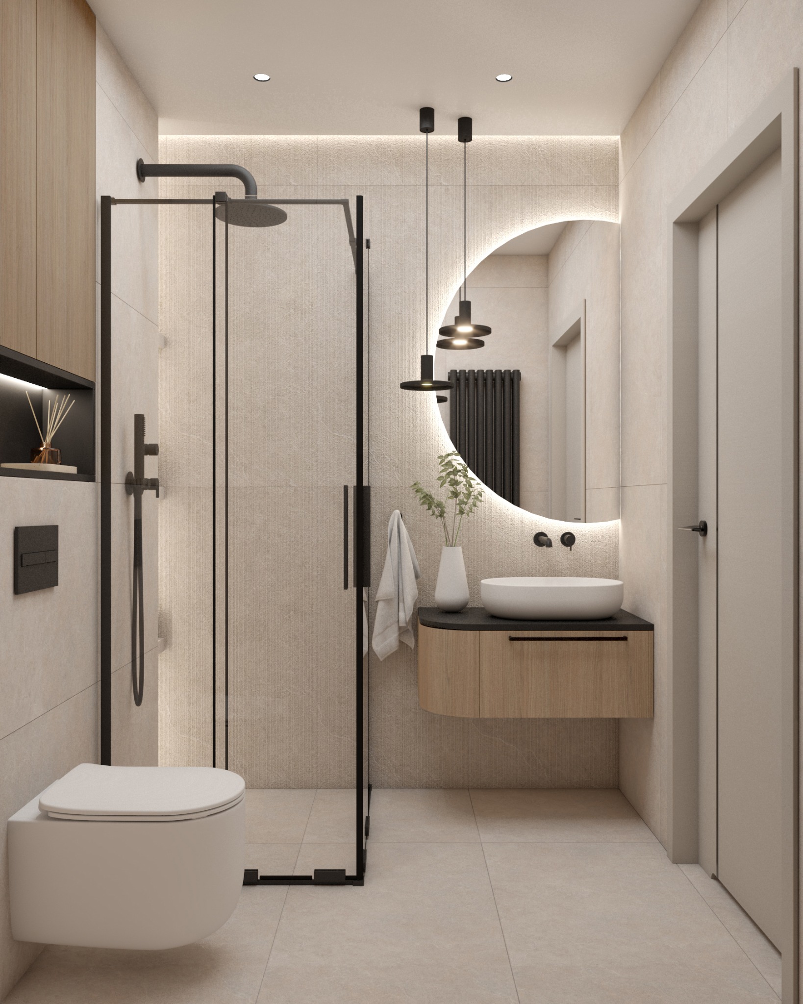 Nowoczesna łazienka z kabiną prysznicową typu walk-in, okrągłym lustrem z podświetleniem LED i wiszącą szafką z umywalką nablatową. Minimalistyczny design, beżowe płytki.