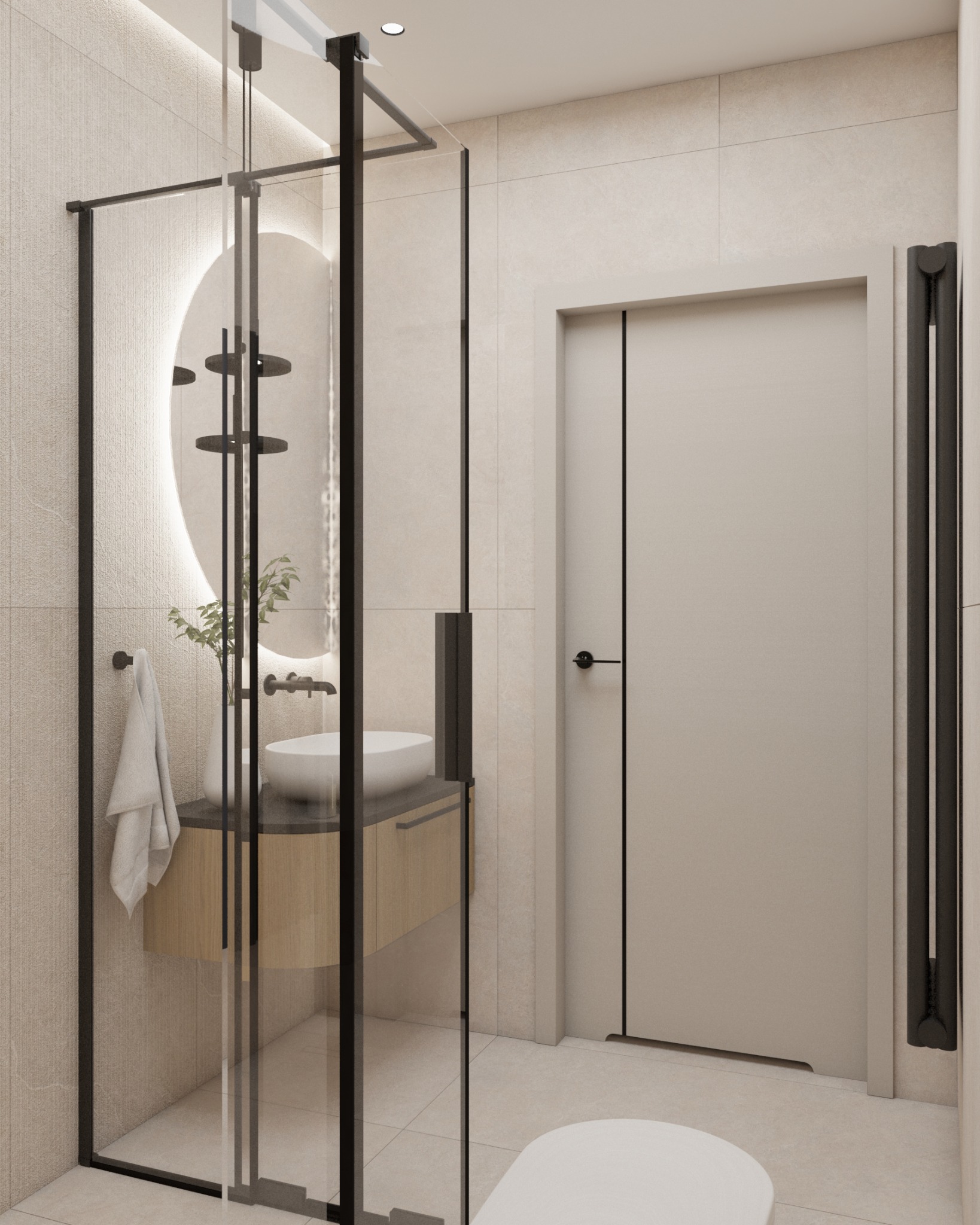 Nowoczesna łazienka z kabiną prysznicową typu walk-in, okrągłym lustrem z podświetleniem LED i umywalką nablatową. Minimalistyczny design, beżowe płytki i czarne akcenty.