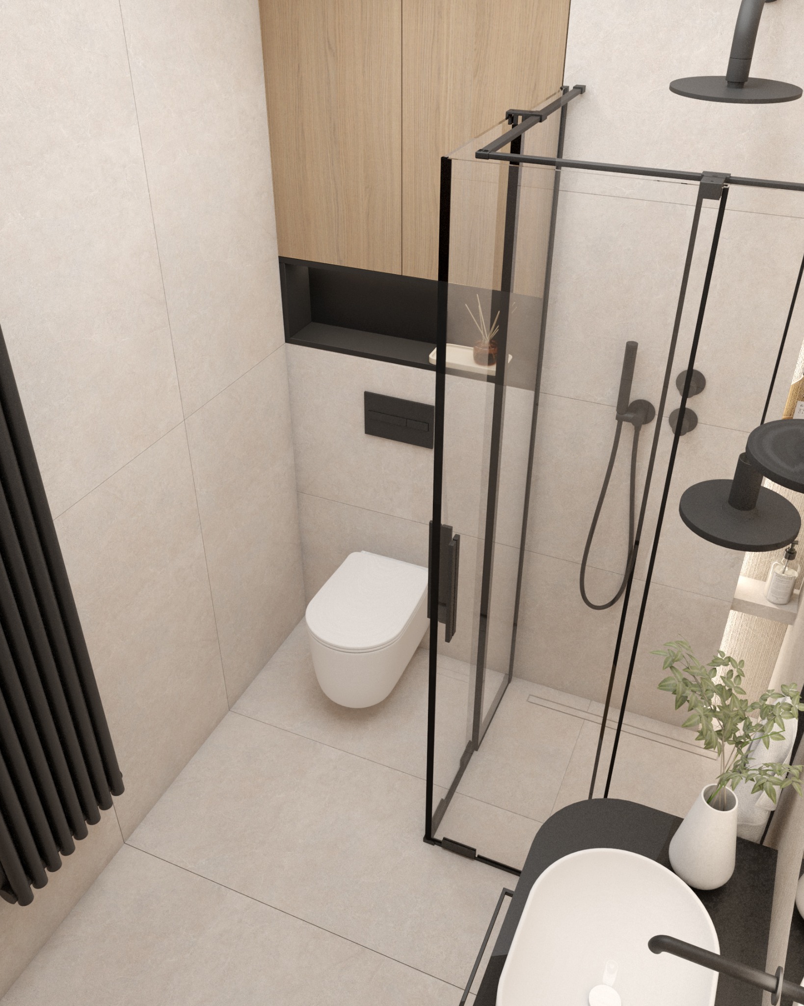 Nowoczesna łazienka z kabiną prysznicową typu walk-in, toaletą podwieszaną i umywalką nablatową. Uwagę zwraca minimalistyczny design i stonowana kolorystyka.