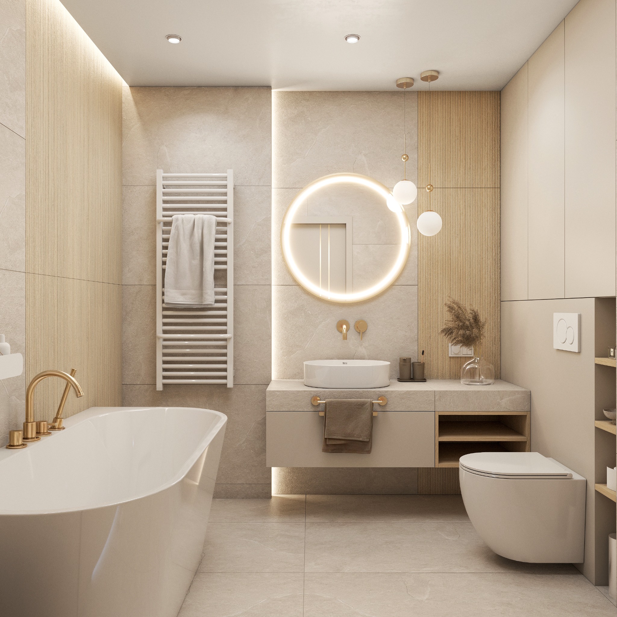 Beżowa łazienka z wanną, umywalką i toaletą w nowoczesnym stylu. Okrągłe lustro z podświetleniem, złota armatura i minimalistyczne dodatki tworzą elegancki wystrój.