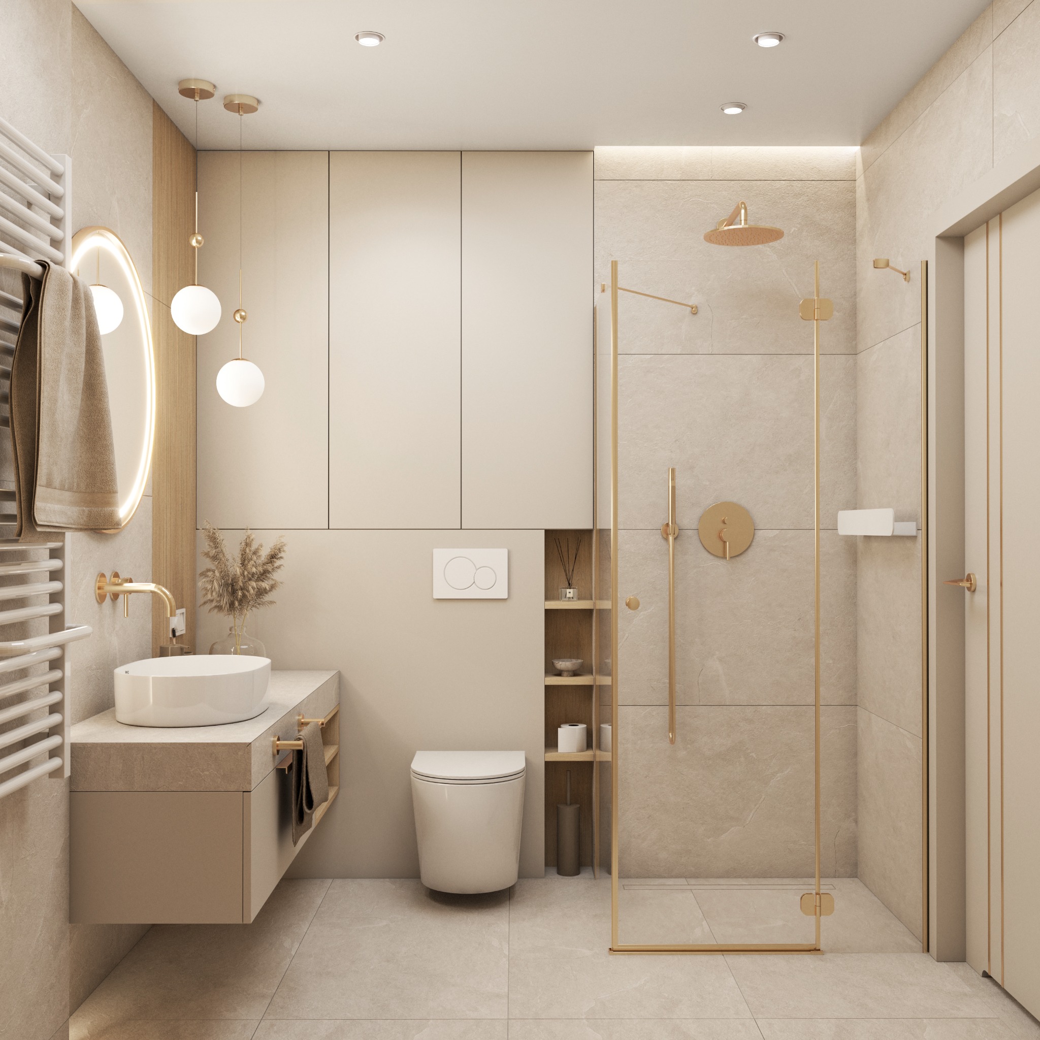 Elegancka łazienka w beżach: kabina prysznicowa ze złotymi detalami, umywalka z owalnym lustrem podświetlonym LED, wisząca toaleta i grzejnik drabinkowy.