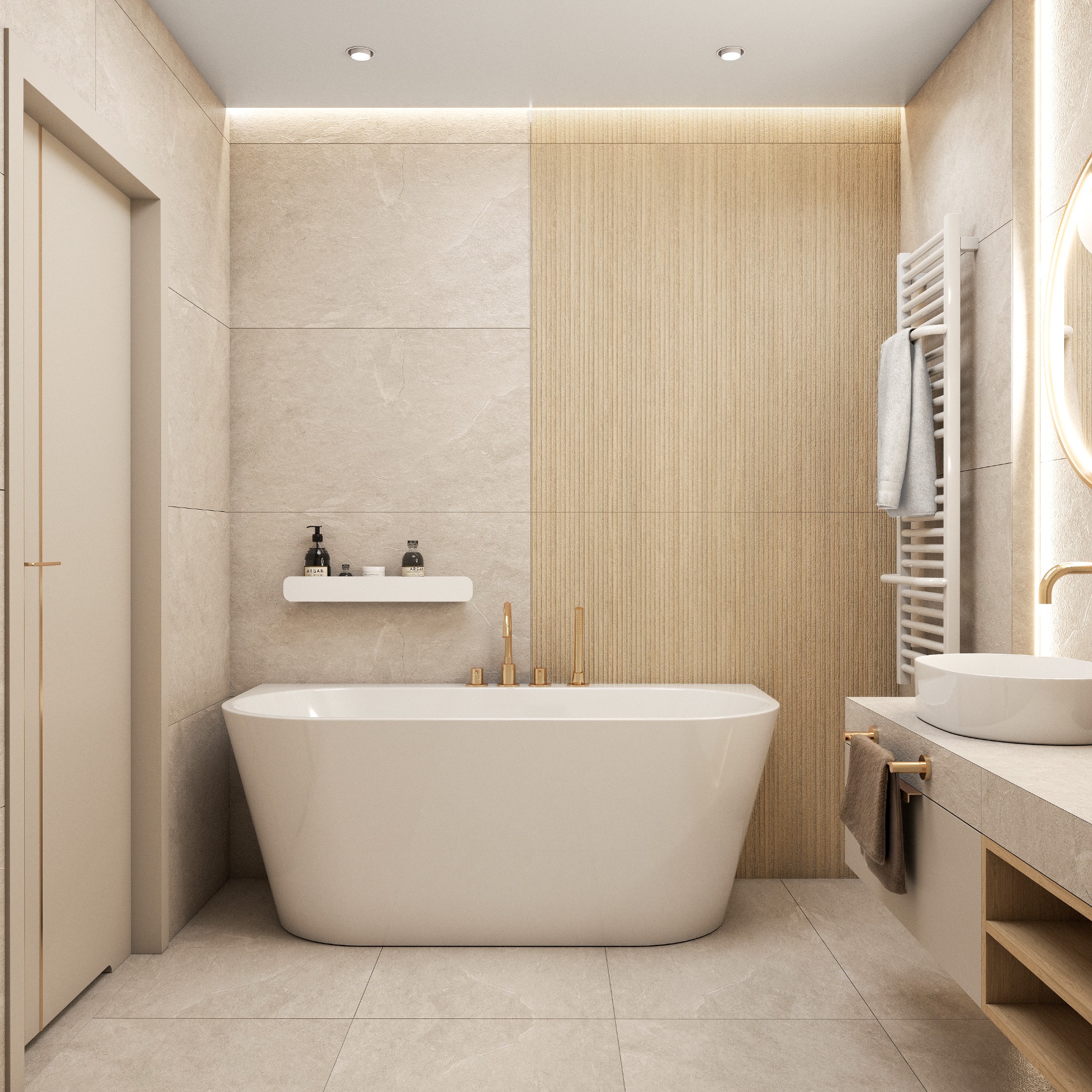 Elegancka łazienka w beżowych tonacjach: wolnostojąca wanna, umywalka nablatowa, grzejnik drabinkowy i subtelne oświetlenie LED. Minimalistyczny design, ciepłe barwy.