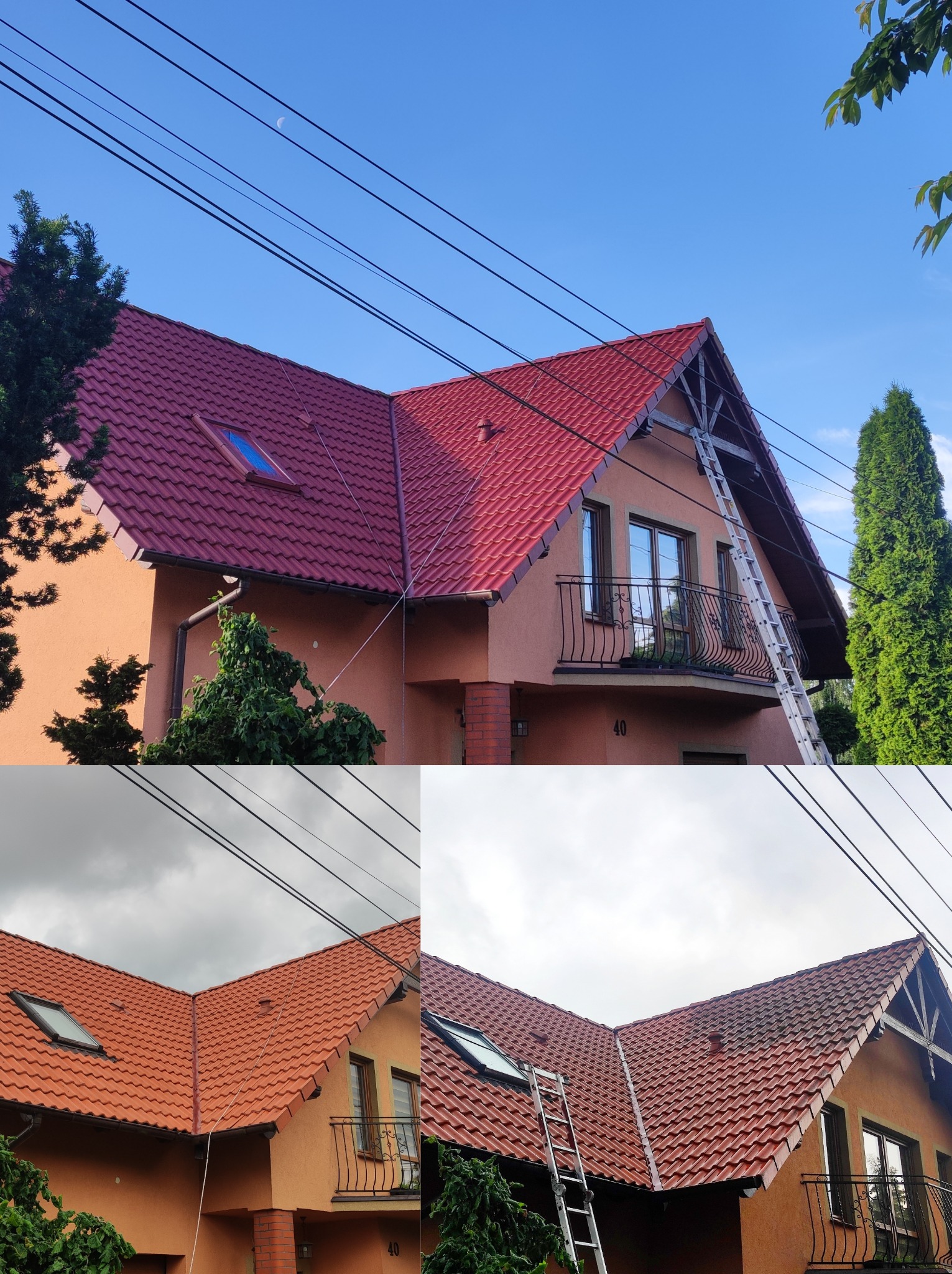 Dom z nową czerwoną dachówką, drabina oparta o balkon, błękitne niebo z pojedynczym drzewem iglastym po prawej stronie.