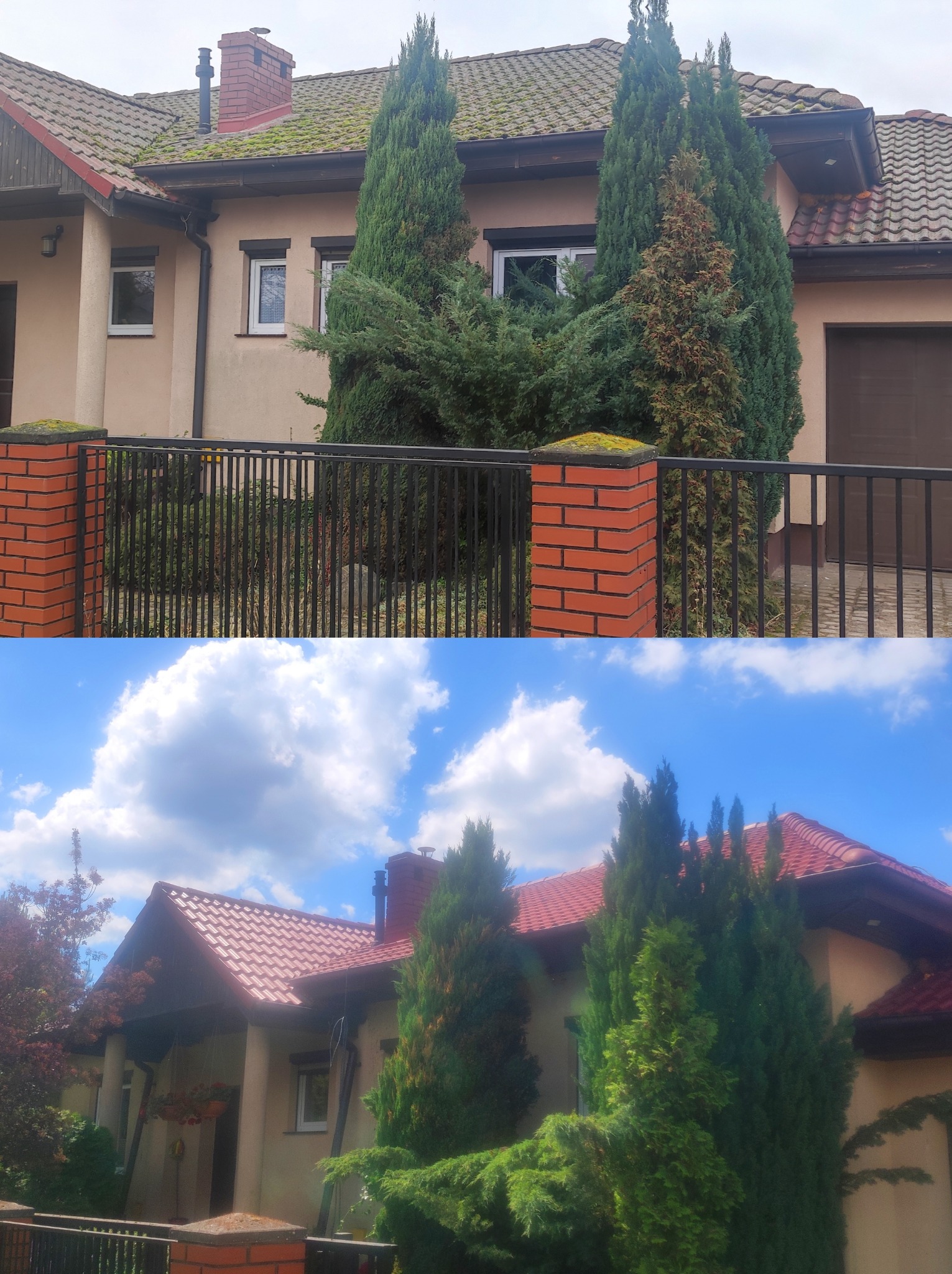 Dwukondygnacyjny dom z beżową elewacją i czerwoną dachówką, częściowo przysłonięty przez wysokie, zielone cyprysy i ogrodzenie z ceglanymi słupkami pokrytymi mchem.