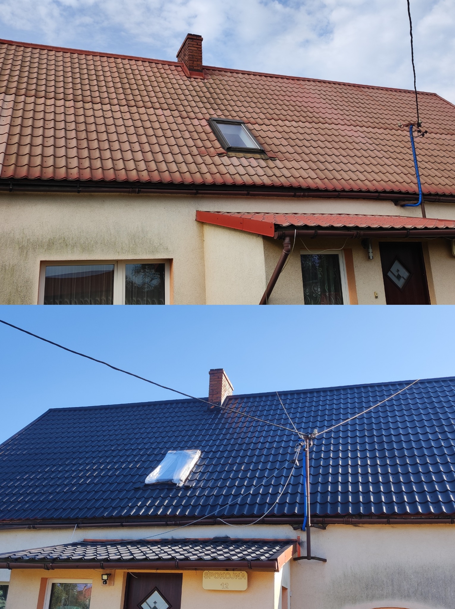 Porównanie dachu przed i po renowacji: Stara, wyblakła dachówka w odcieniach czerwieni kontra nowa, ciemnoniebieska dachówka z połyskiem. Widoczne okno dachowe częściowo owinięte folią ochronną...