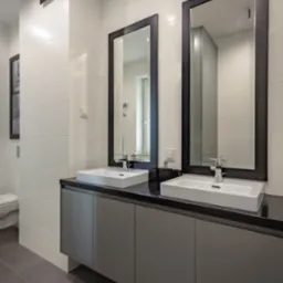 Nowoczesna łazienka z dwoma umywalkami nablatowymi, czarnym blatem i ramami luster, szara szafka pod umywalkami, białe płytki na ścianach i szara podłoga, w tle widoczna toaleta i obraz na ścianie.