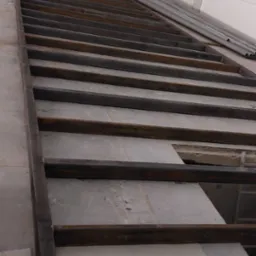 Konstrukcja stalowa podestu z profili zamkniętych w hali produkcyjnej, widok z dołu na bramę segmentową w tle.