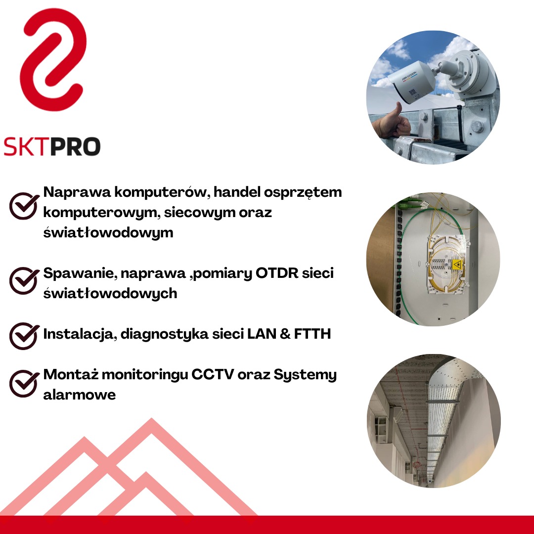 Kompilacja zdjęć z zakresu usług firmy SKTPRO ze Strzelina: instalacja kamery monitoringu zewnętrznego, światłowodowe połączenia w szafie rack, oraz kable sieciowe pod sufitem.