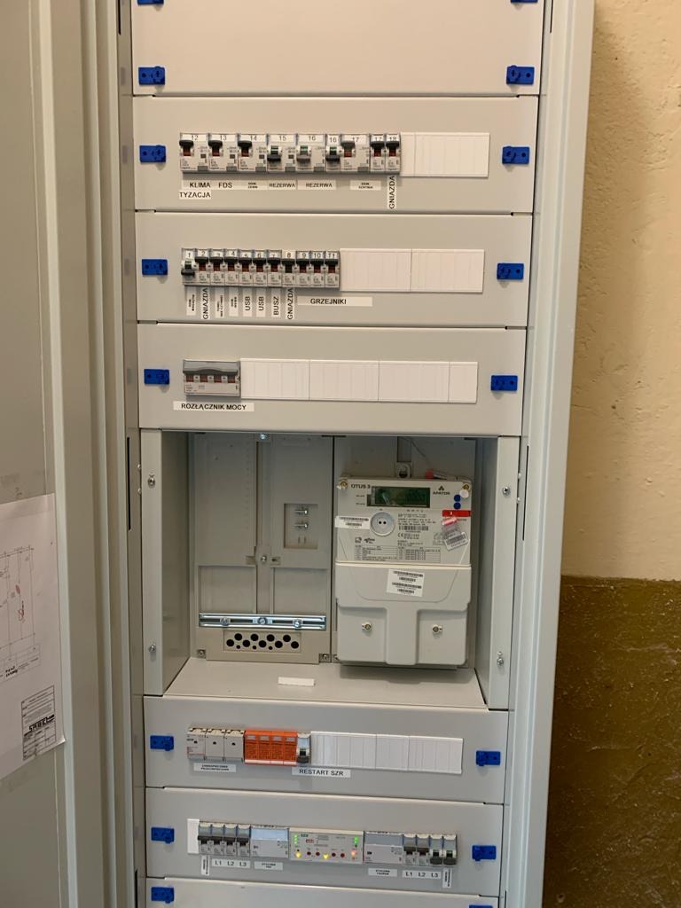 Rozdzielnica elektryczna z zainstalowanym licznikiem energii, bezpiecznikami i opisami obwodów, widok z bliska na skrzynkę z bezpiecznikami wewnątrz budynku.