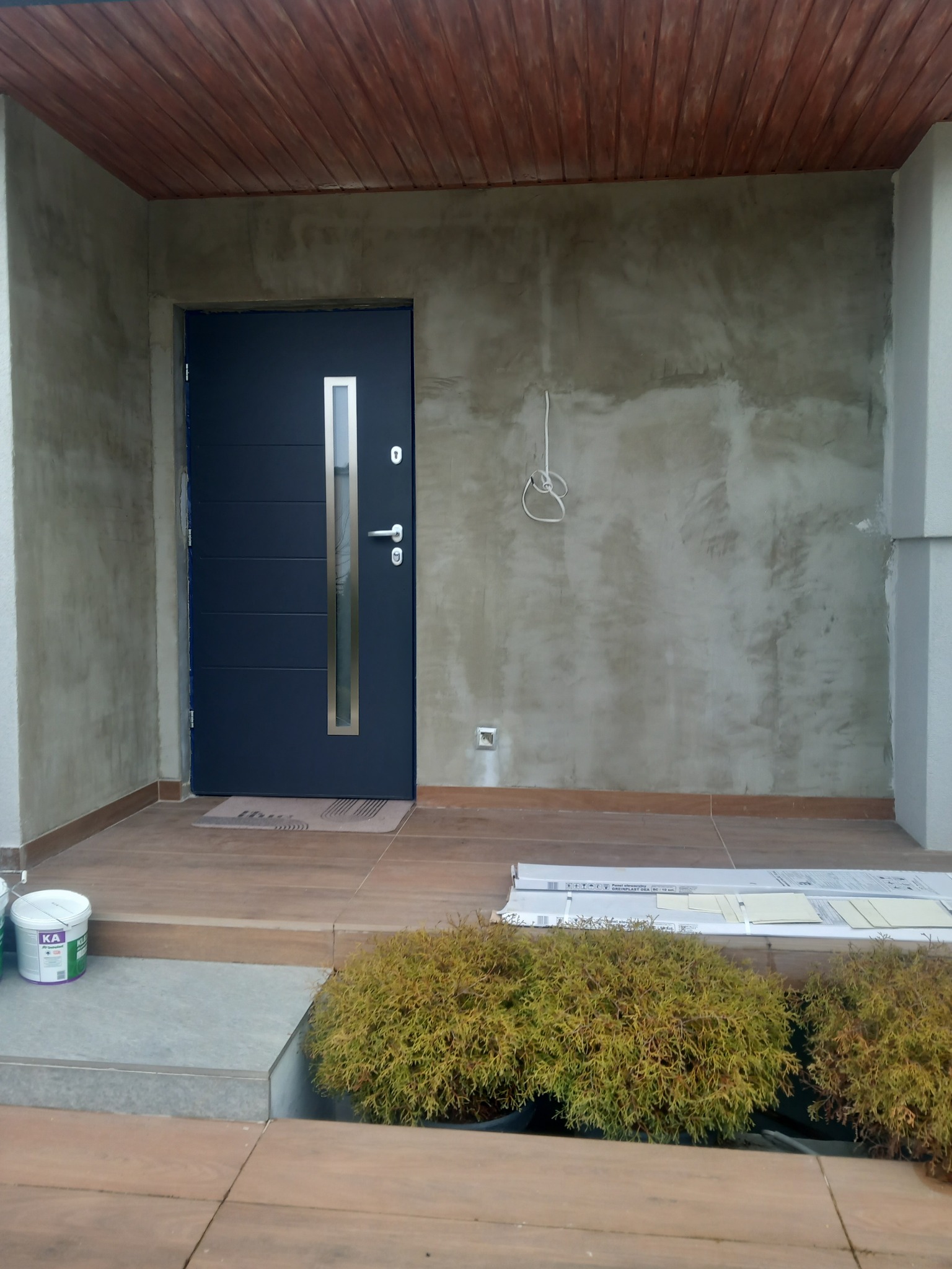 Wejście do domu z nowoczesnymi drzwiami w kolorze granatowym z pionowym przeszkleniem, surowa ściana z efektem betonu, drewniana podbitka dachowa i rośliny ozdobne w donicach.