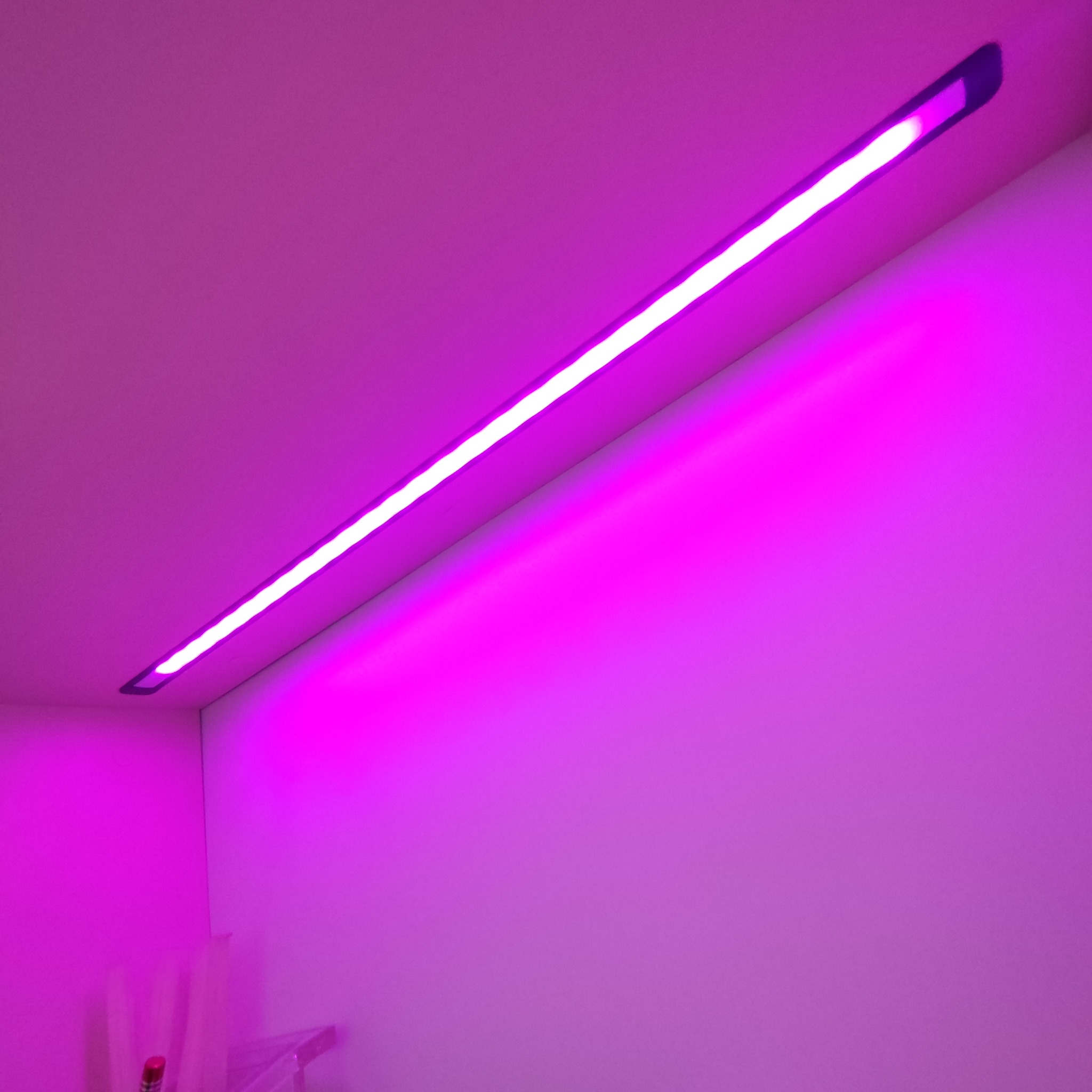 Wnętrze szafy z oświetleniem LED w kolorze fuksji, widoczny fragment półki i ściany.