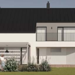 LONKA architektura Kamila Lonka - Wizualizacja nowoczesnego domu z czarnym dachem i balkonem, jasna elewacja z elementami drewna, pergola i zadbany ogród. Minimalistyczny design, spokojna kolorystyka.