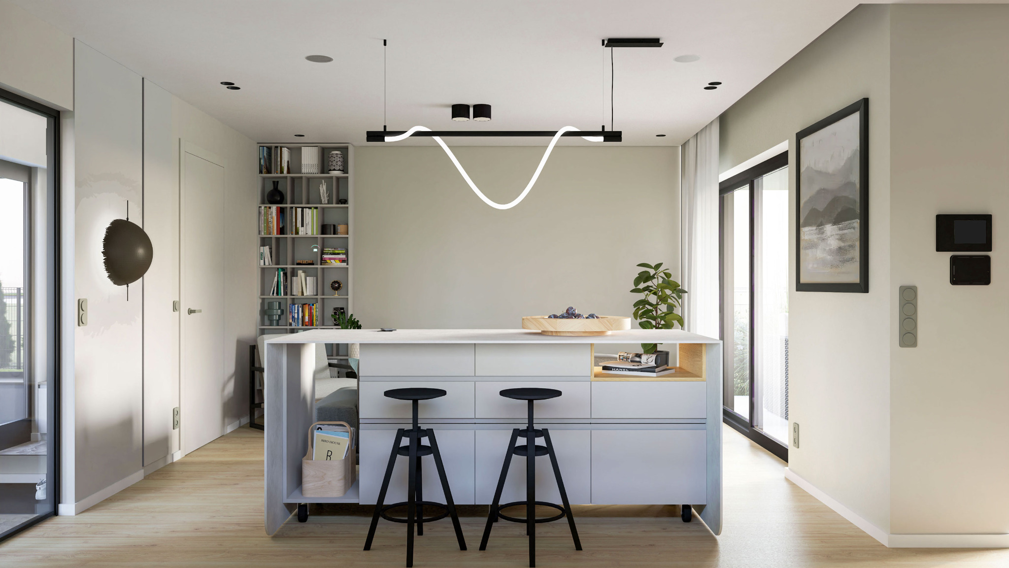 Jasne wnętrze mieszkania z wyspą kuchenną, hokerami, regałem z książkami i nowoczesnym oświetleniem LED w kształcie fali.