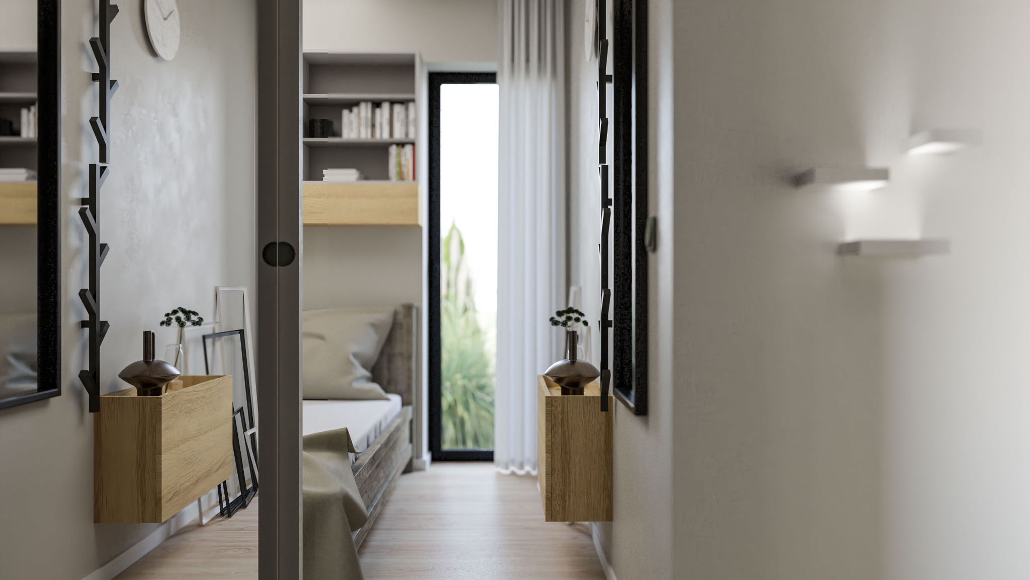 Wnętrze sypialni z łóżkiem piętrowym, widok z korytarza, minimalistyczne szafki nocne z dekoracjami, zegar na ścianie, czarne ramy na ścianie, światło dzienne wpadające przez okno.