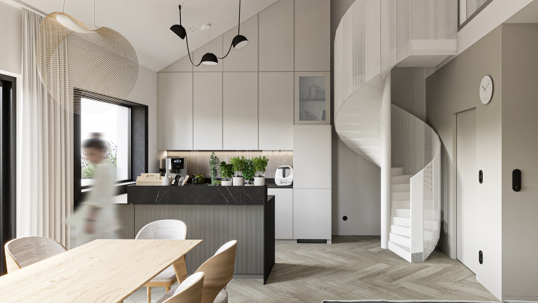 Nowoczesna aranżacja wnętrza kuchni z wyspą i spiralnymi schodami w jasnych barwach we Wrześni, z drewnianym stołem i designerską lampą.