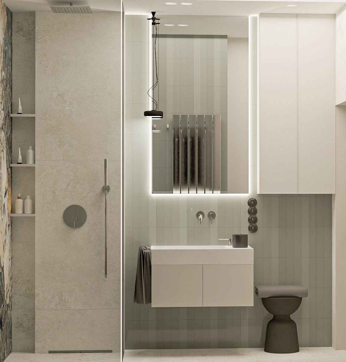 Nowoczesna łazienka z kabiną prysznicową typu walk-in, umywalką nablatową, podświetlanym lustrem i grzejnikiem drabinkowym w minimalistycznym stylu, wykończona w odcieniach beżu i szarości...