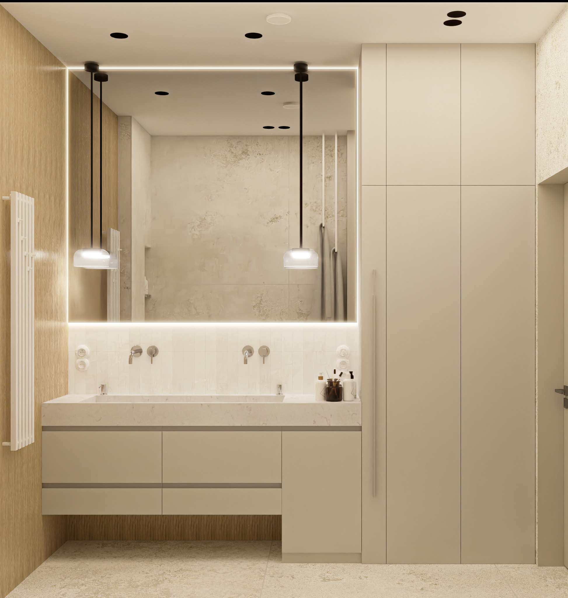 Beżowa łazienka z podwójną umywalką, dużym lustrem z podświetleniem LED, wiszącymi lampami i grzejnikiem drabinkowym na ścianie z drewnianymi panelami.