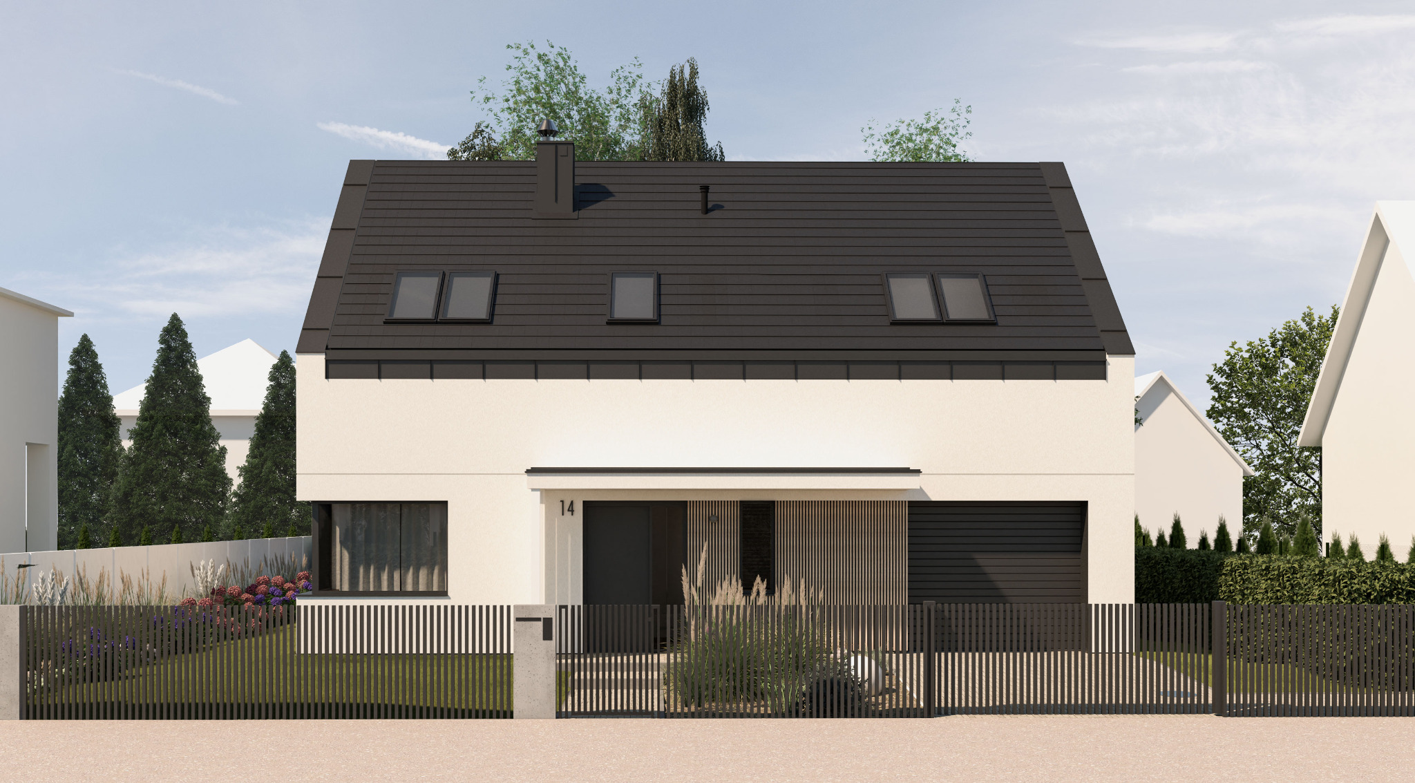 Wizualizacja nowoczesnego domu jednorodzinnego z czarnym dachem, elewacją w jasnym odcieniu i numerem 14 nad wejściem, otoczonego metalowym ogrodzeniem i roślinnością.