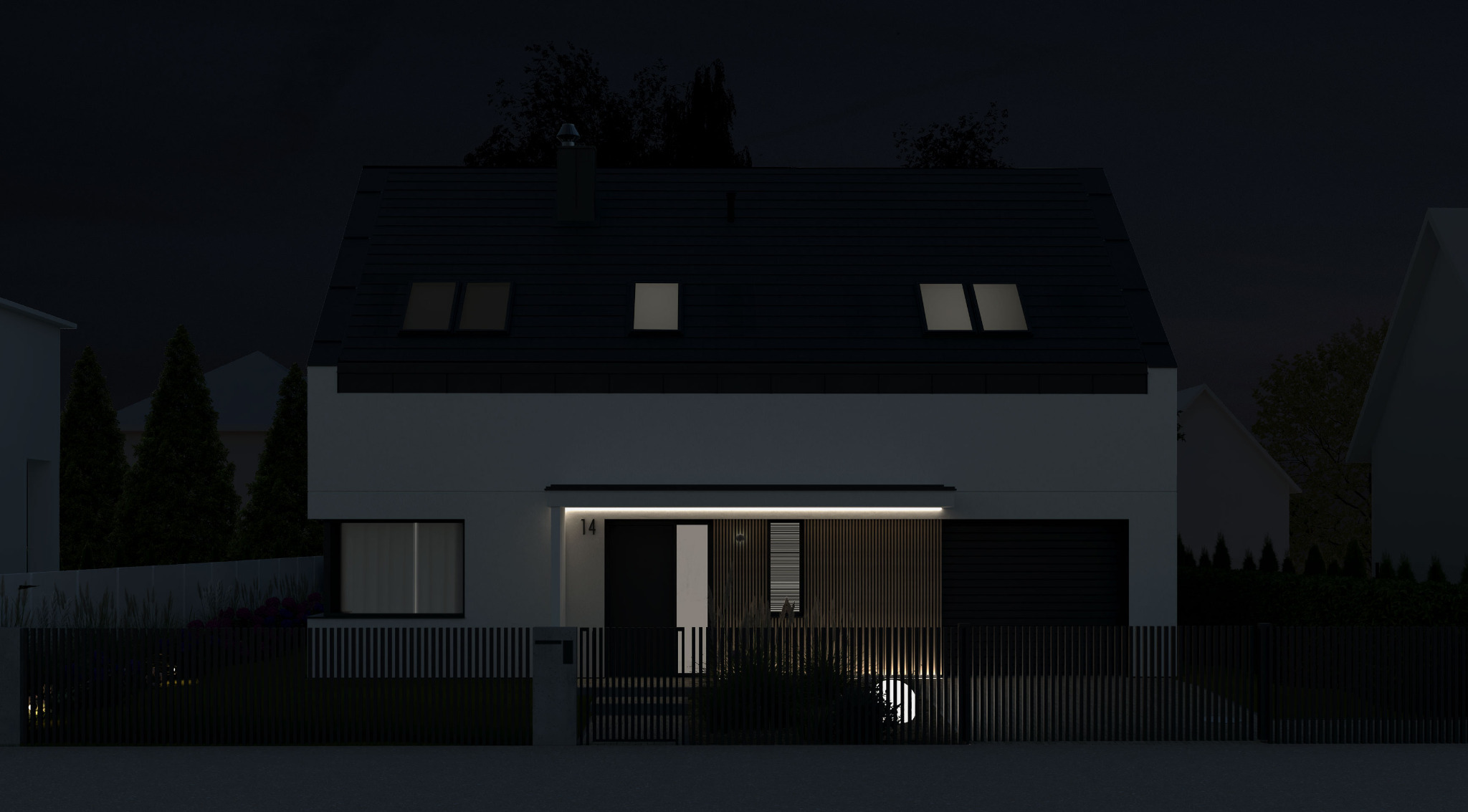 Nowoczesny dom jednorodzinny z płaskim dachem i numerem 14 nad wejściem, oświetlony w nocy, z czarnym ogrodzeniem i kulistą lampą ogrodową.