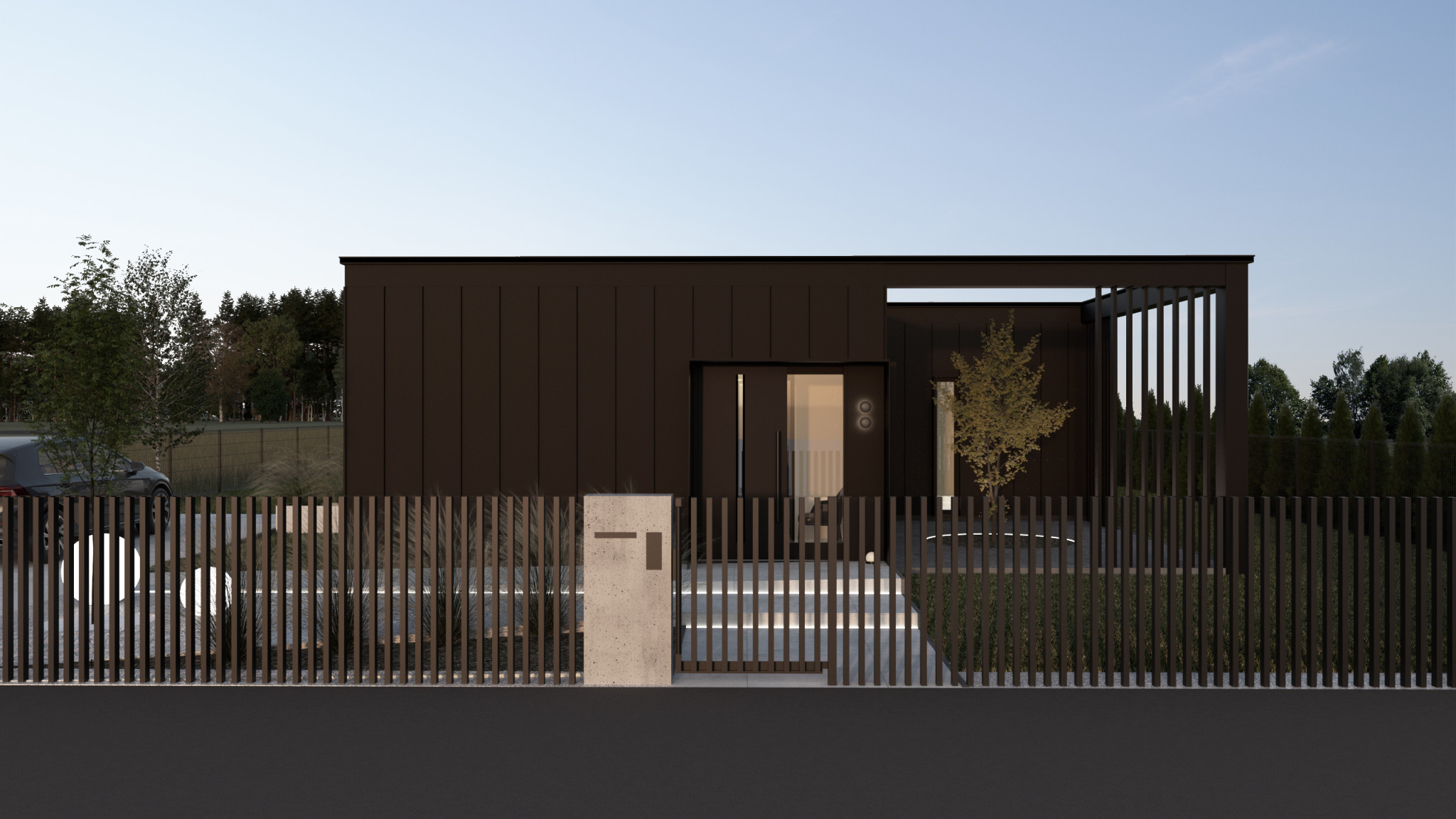 Nowoczesny dom z ciemną elewacją i minimalistycznym ogrodem, oświetlony podjazd i pionowe ogrodzenie z metalowych prętów.