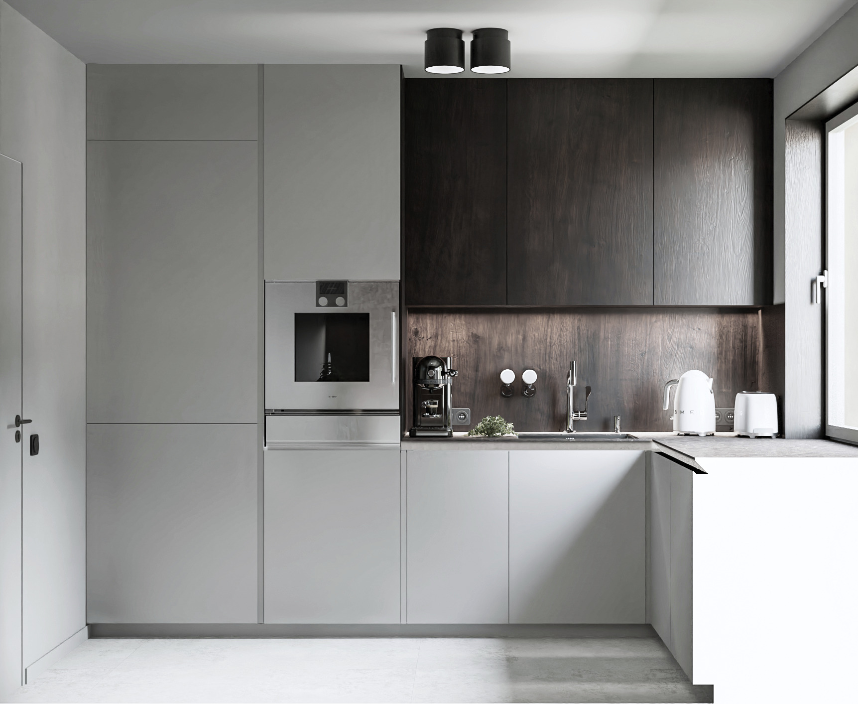 Minimalistyczna kuchnia w szarościach i ciemnym drewnie: zabudowa kuchenna z piekarnikiem, ekspres do kawy, zioła w doniczce, czajnik i toster na blacie, oświetlenie punktowe.