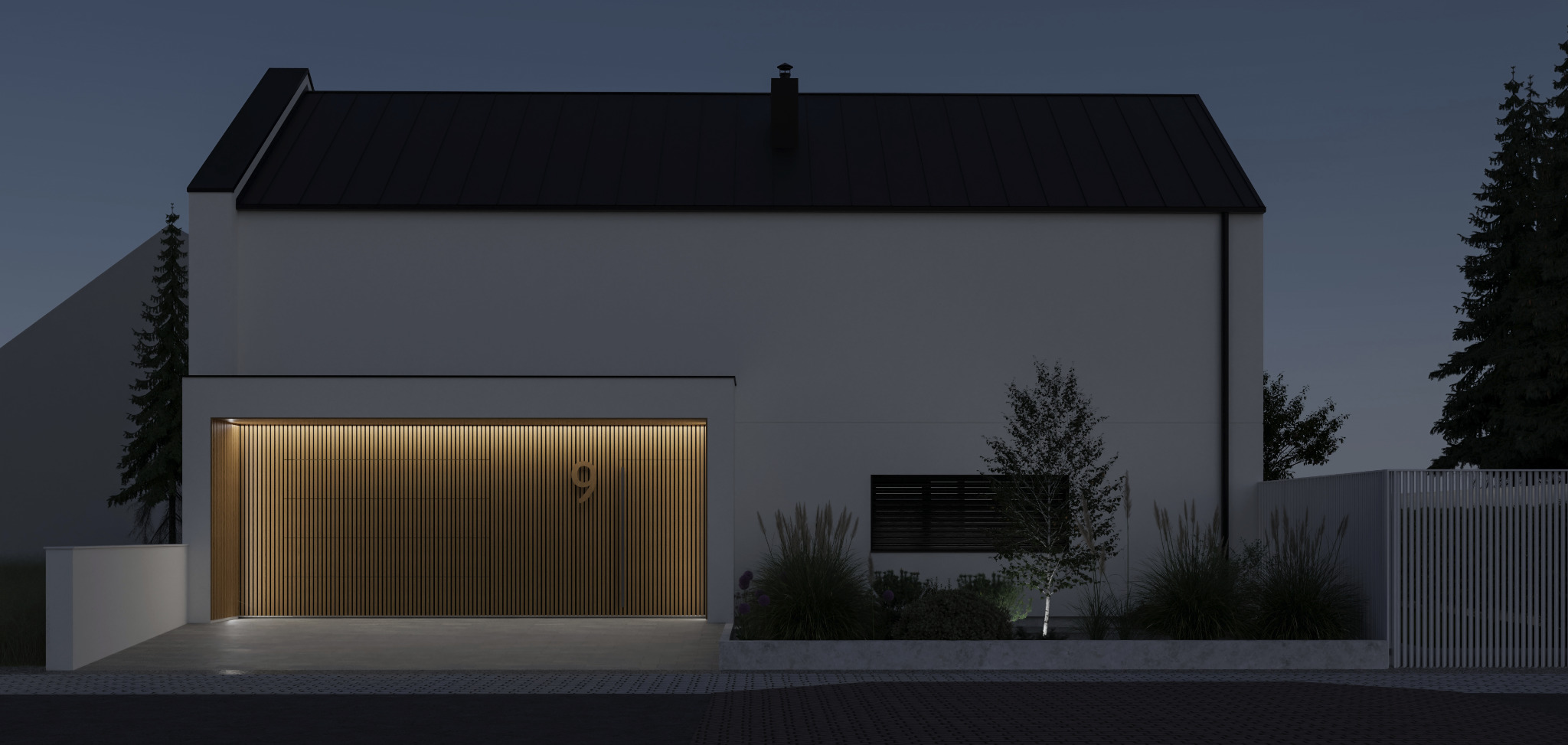 Nowoczesny dom jednorodzinny z garażem oświetlonym ciepłym światłem, minimalistyczna elewacja w odcieniach szarości, nocne ujęcie z ogrodem.