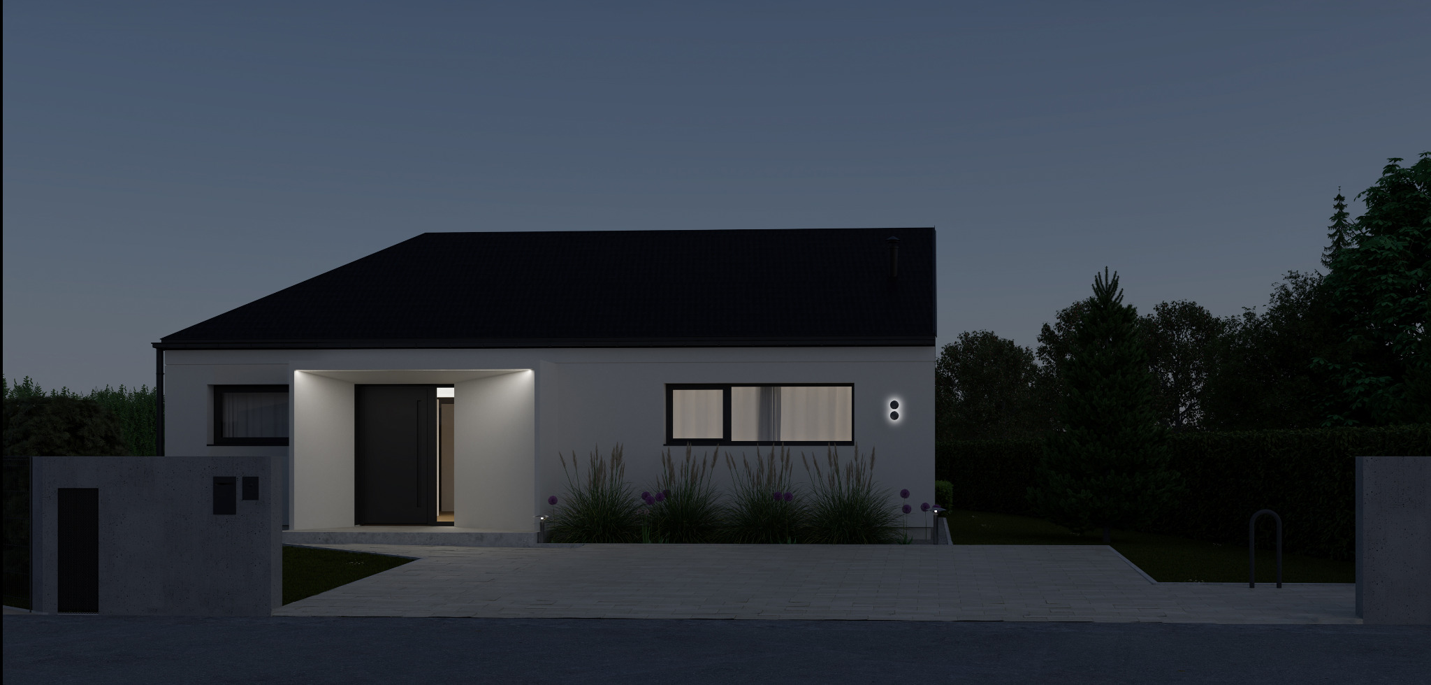 Nowoczesny dom jednorodzinny z płaskim dachem oświetlony nocą, z minimalistycznym ogrodem i betonowym ogrodzeniem. Widoczne lampy elewacyjne i podjazd z kostki.