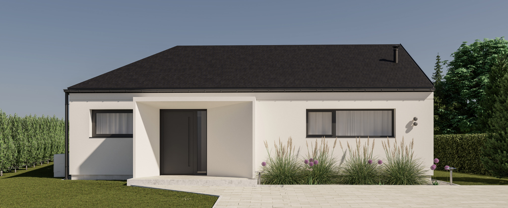 Wizualizacja parterowego domu z czarnym dachem i minimalistyczną elewacją w jasnej tonacji. Uwagę zwracają rośliny ozdobne przed budynkiem i nowoczesne oświetlenie.