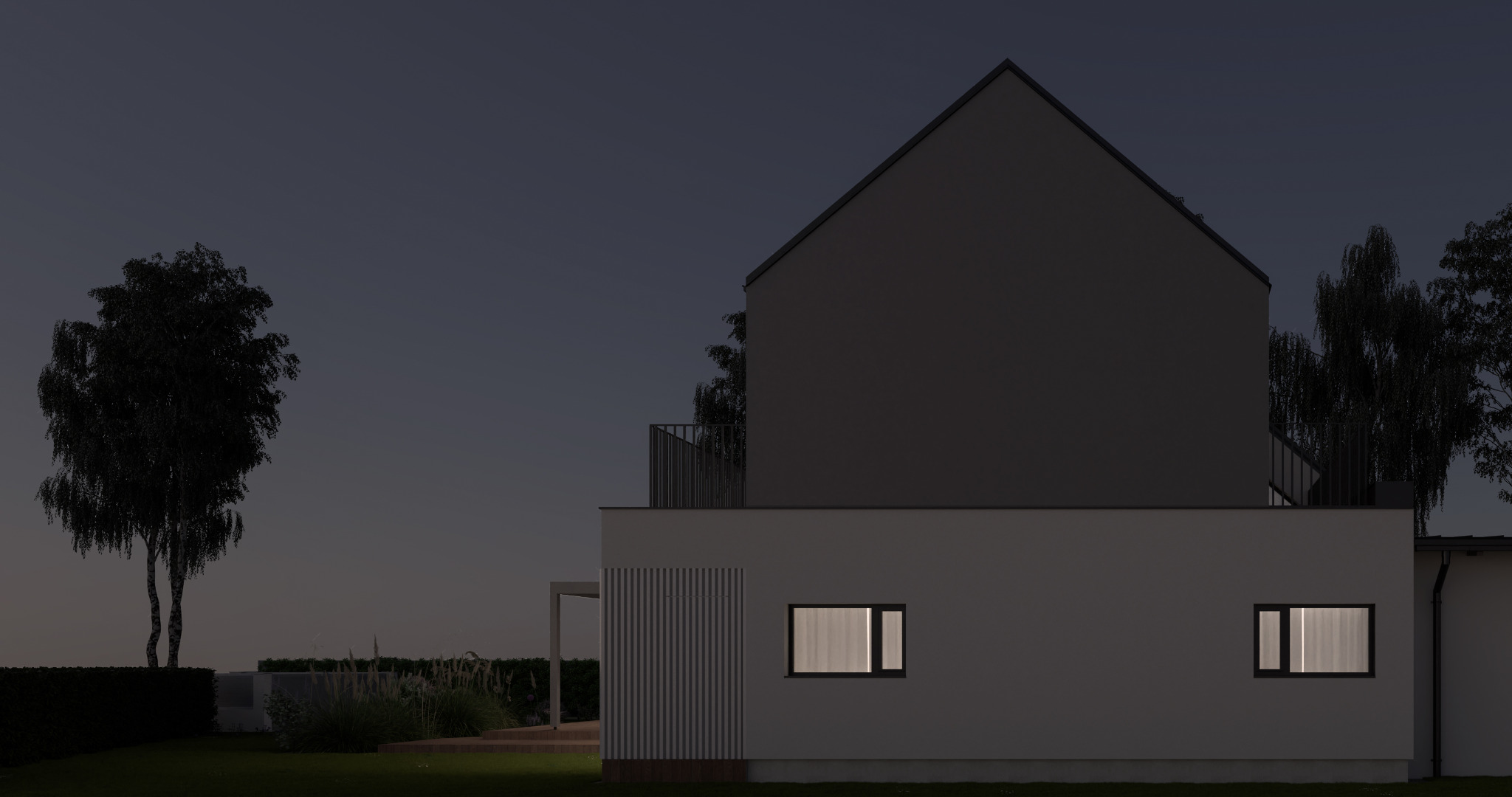 Dwukondygnacyjny dom z płaskim dachem i balkonem, oświetlony z zewnątrz w nocy. Widoczne drzewa i trawnik. Minimalistyczna architektura.