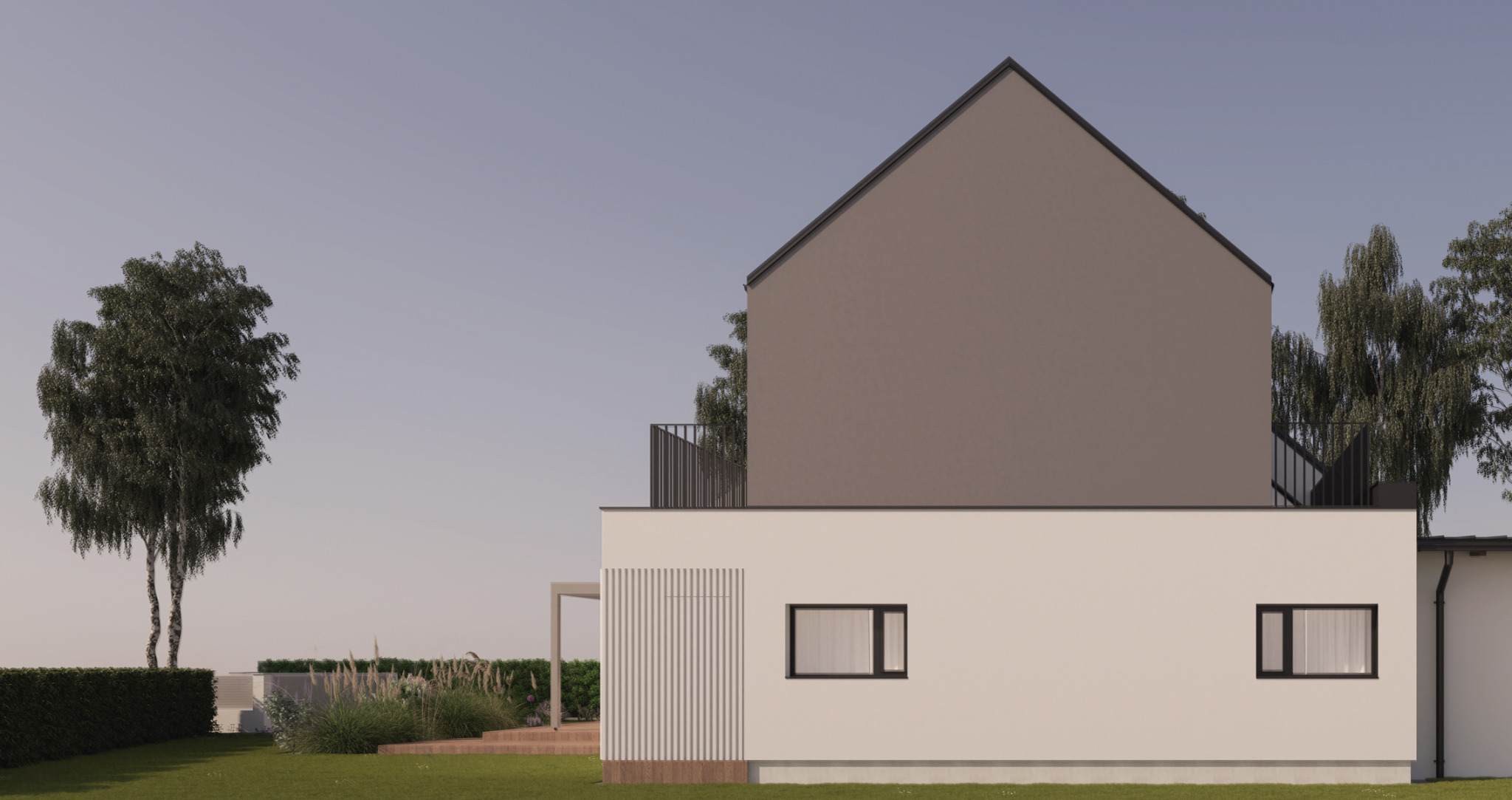 Wizualizacja bocznej elewacji nowoczesnego domu z płaskim dachem i balkonem, otoczonego zielenią. Minimalistyczna architektura, jasna kolorystyka, spokojna sceneria.