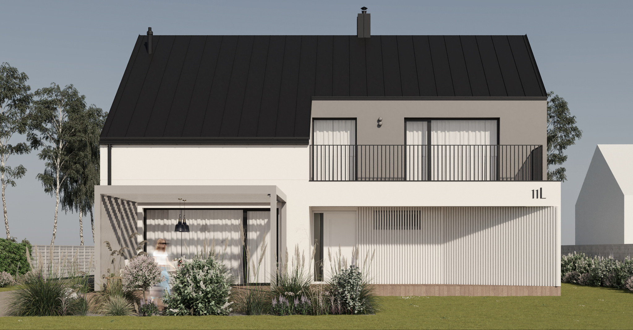 Wizualizacja nowoczesnego domu z czarnym dachem i balkonem, jasna elewacja z elementami drewna, pergola i zadbany ogród. Minimalistyczny design, spokojna kolorystyka.