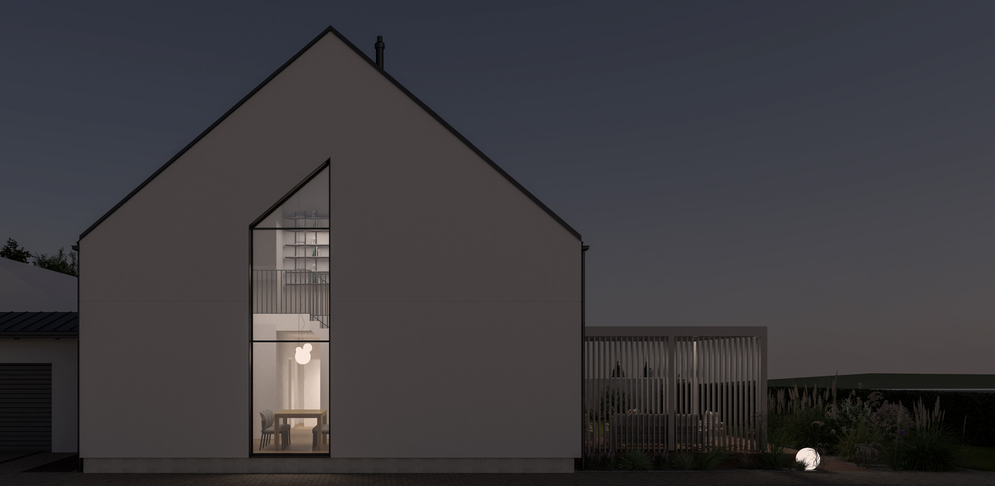 Nowoczesny dom z oknem w kształcie trójkąta, oświetlony od wewnątrz, z minimalistycznym ogrodem i lampą kulą na zewnątrz, nocna sceneria.