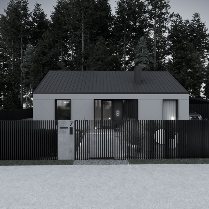 Nowoczesny dom jednorodzinny z szarą elewacją, czarnym dachem i ogrodzeniem ze sztachet w tle lasu, oświetlony numer domu '8' przy wejściu.
