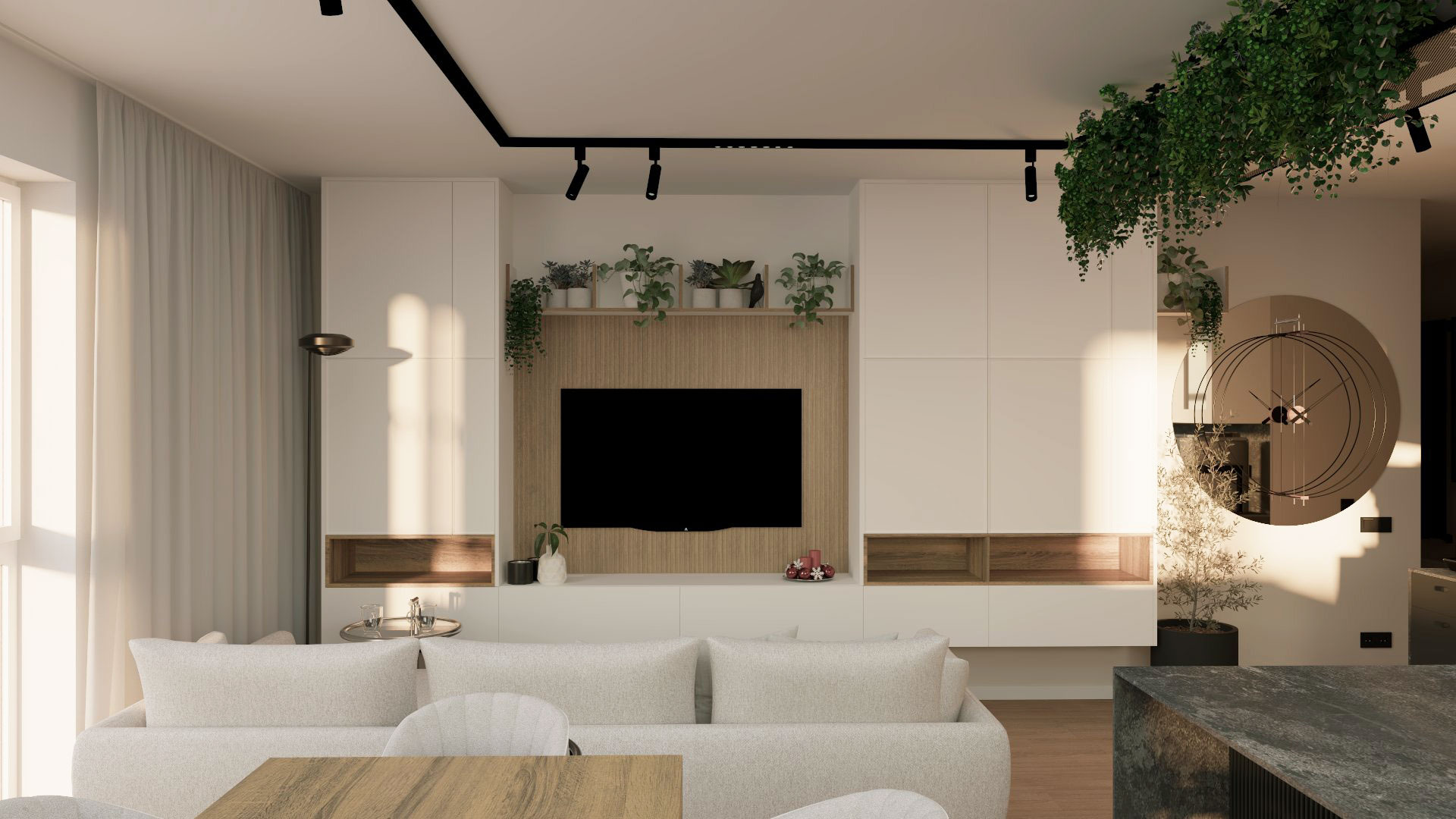 Jasne wnętrze salonu z minimalistyczną zabudową RTV, drewnianymi akcentami, roślinami doniczkowymi na półkach i zwisającymi pnączami, nowoczesnym zegarem na ścianie i sofą w odcieniach bieli