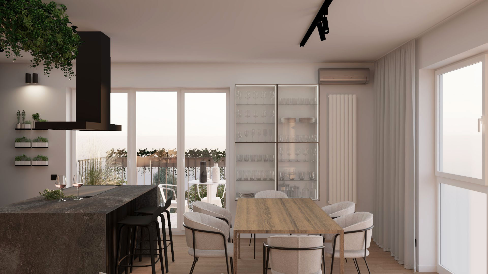 Wizualizacja jadalni z aneksem kuchennym we Wrześni: stół z krzesłami, wyspa kuchenna z hokerami, przeszklona witryna z zastawą oraz balkon z roślinami w tle.