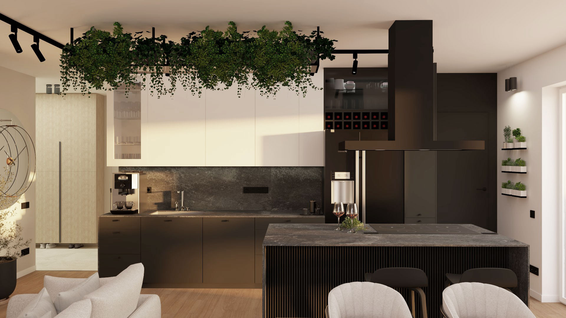Nowoczesna kuchnia z wyspą, wykończona w bieli i ciemnym brązie, z wiszącymi roślinami nad szafkami i dwoma kieliszkami wina na blacie, oświetlona punktowymi lampami sufitowymi.