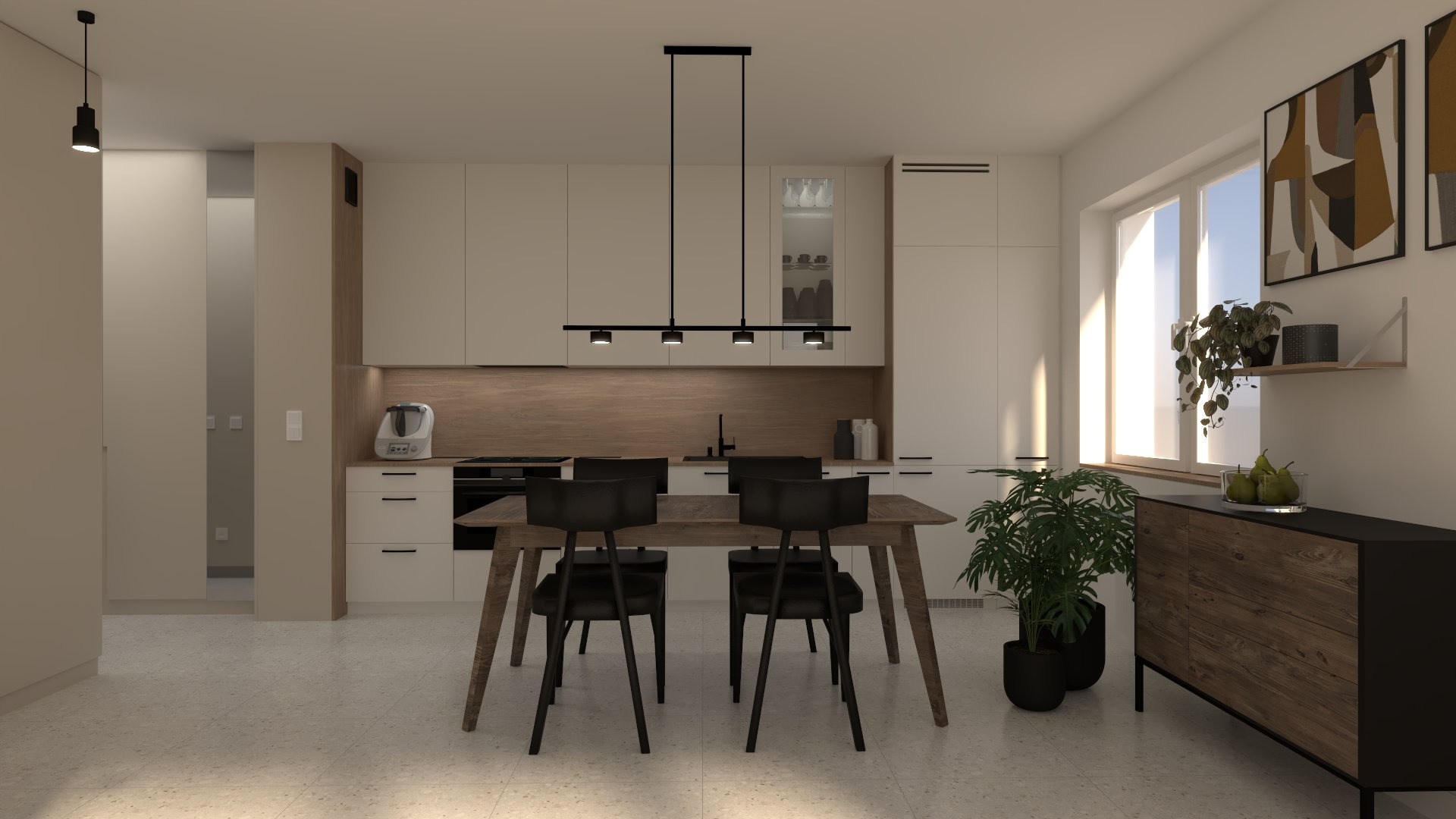 Wizualizacja jasnej kuchni z drewnianym blatem i stołem jadalnym z czarnymi krzesłami, oświetlona nowoczesną lampą wiszącą z czterema punktami świetlnymi, z roślinami doniczkowymi i dekoracjami.