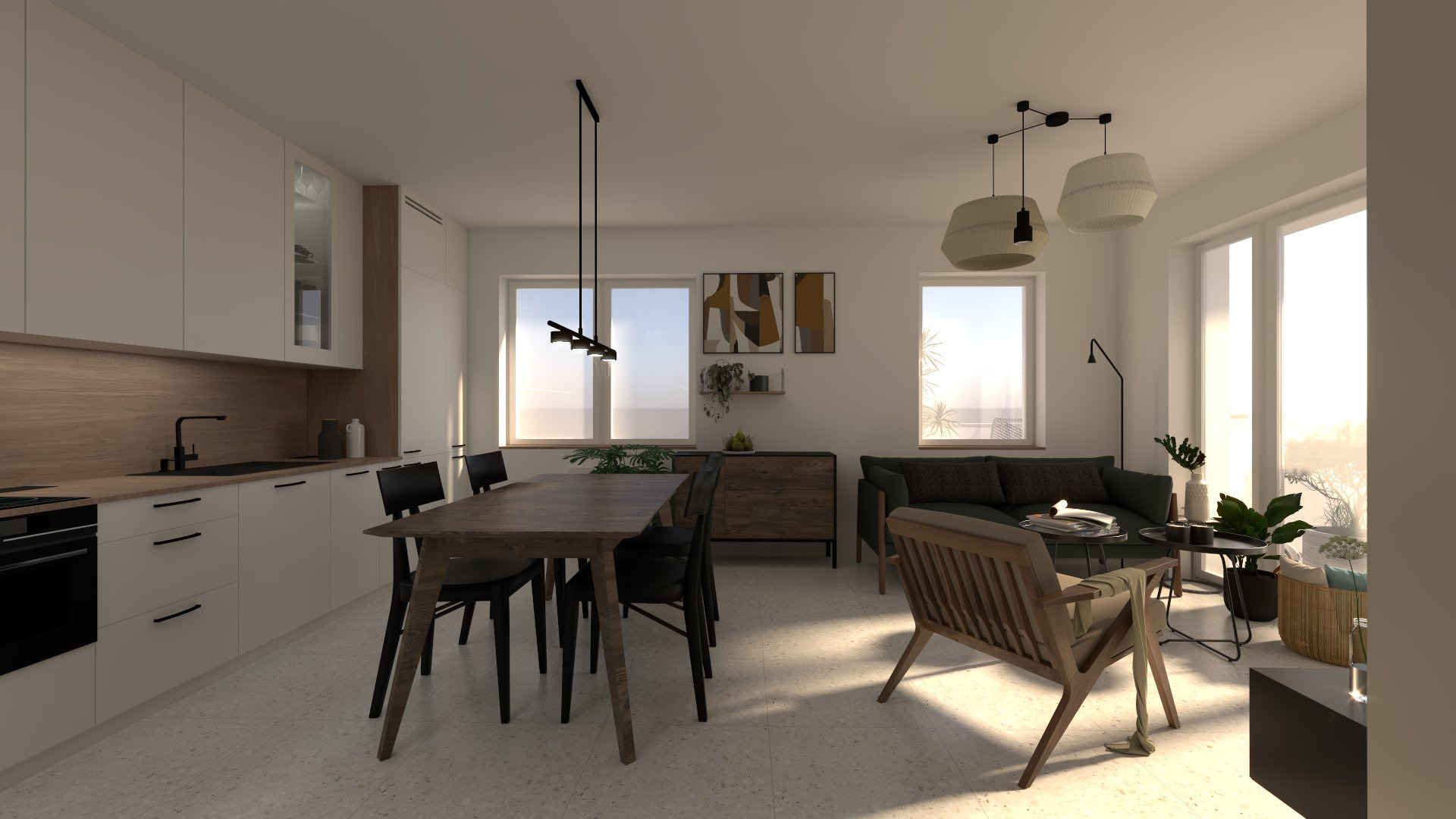 Jasne, przestronne wnętrze z otwartą kuchnią, jadalnią i salonem. Białe szafki kuchenne z drewnianym blatem, czarny zlew i bateria. Stół jadalny z czarnymi krzesłami. W salonie zielona sofa...