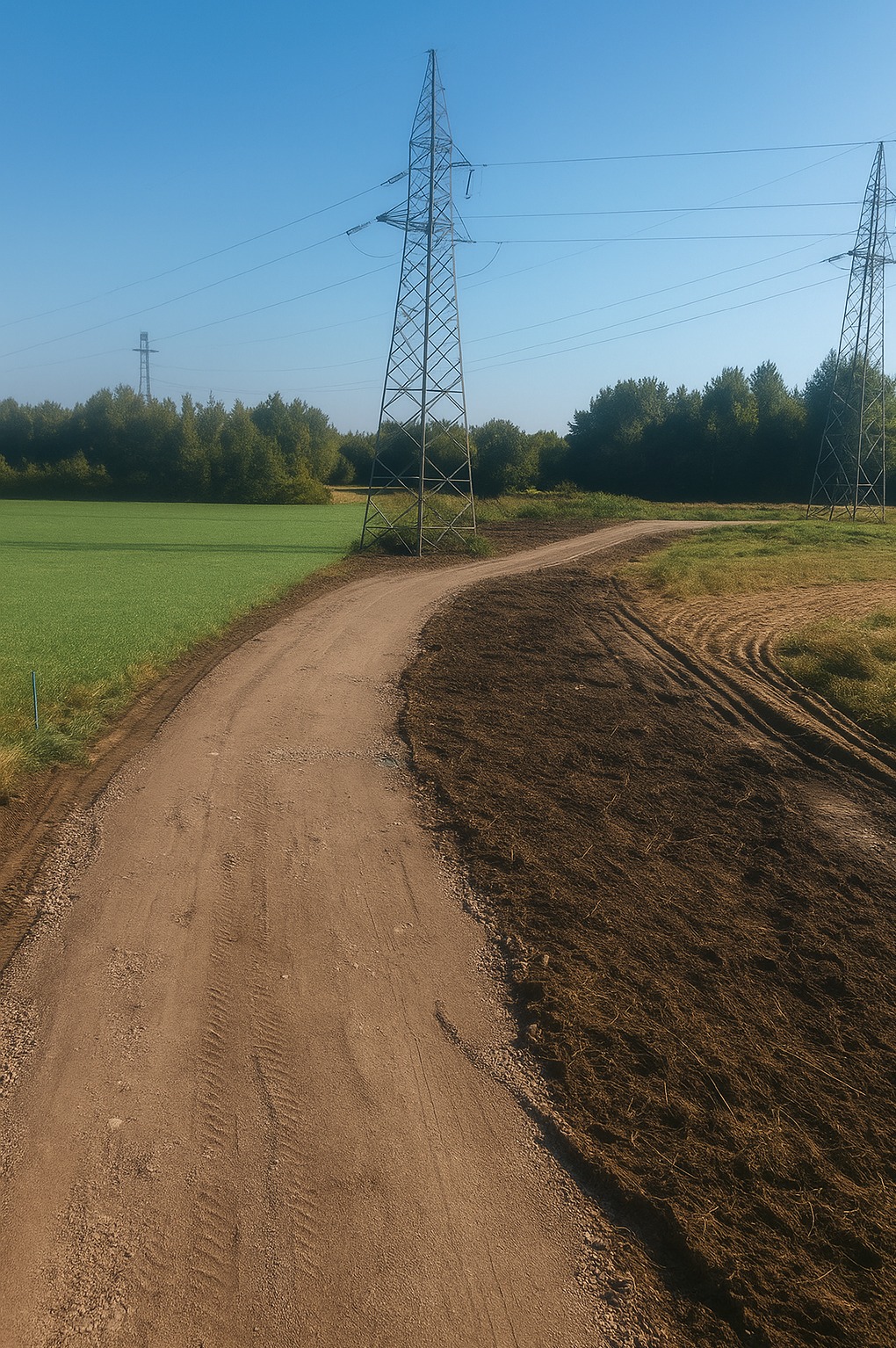 Wąska, szutrowa droga wijąca się przez krajobraz z polami i lasami, z widocznymi słupami wysokiego napięcia w tle, świeżo utwardzona po prawej stronie.