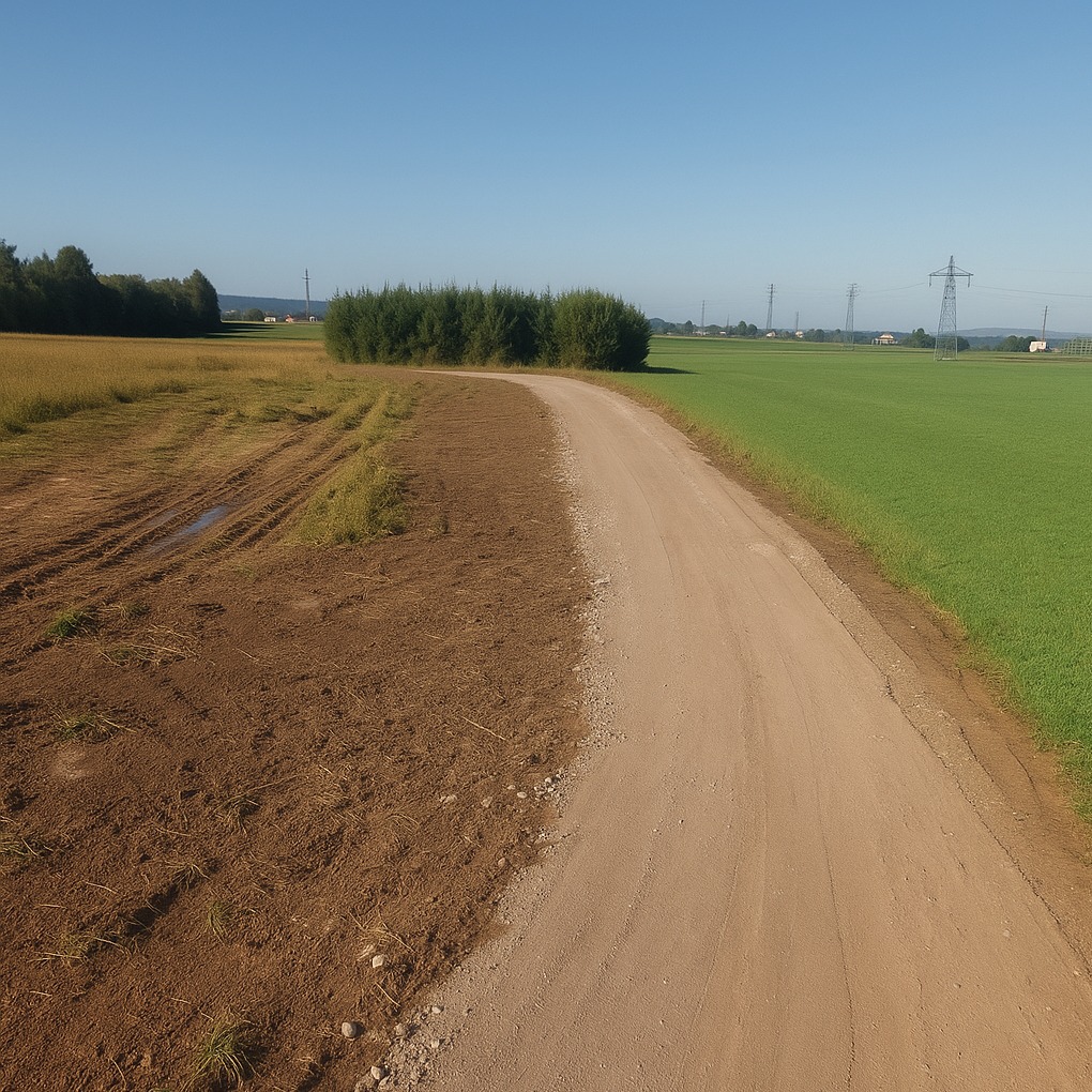 Polna droga z wyraźnym śladem niedawnego utwardzania, obok zaorane pole i zielony trawnik, w tle linia drzew i słupy energetyczne.