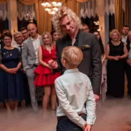 Iluzjonista z blond włosami prezentuje trik z czerwoną kulką chłopcu na tle publiczności podczas występu z efektem dymu na podłodze.