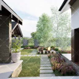 Wizualizacja adaptacji budynku jednorodzinnego z elementami kamiennymi, ukazująca ścieżkę z płyt prowadzącą do paleniska otoczonego siedziskami z pniak&oacute;w, z bujną roślinnością i kwiatami w tle.