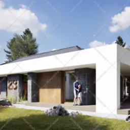 Wizualizacja parterowego domu jednorodzinnego z płaskim dachem, elewacją z szarej cegły i drewnianymi panelami, numer domu '23' przy wejściu, kobieta i dziecko na tarasie, rowery i kamienie...