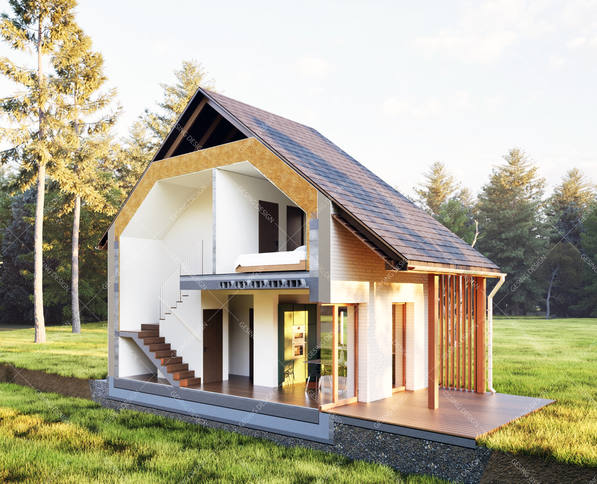 Przekrój 3d przez dom pasywny.