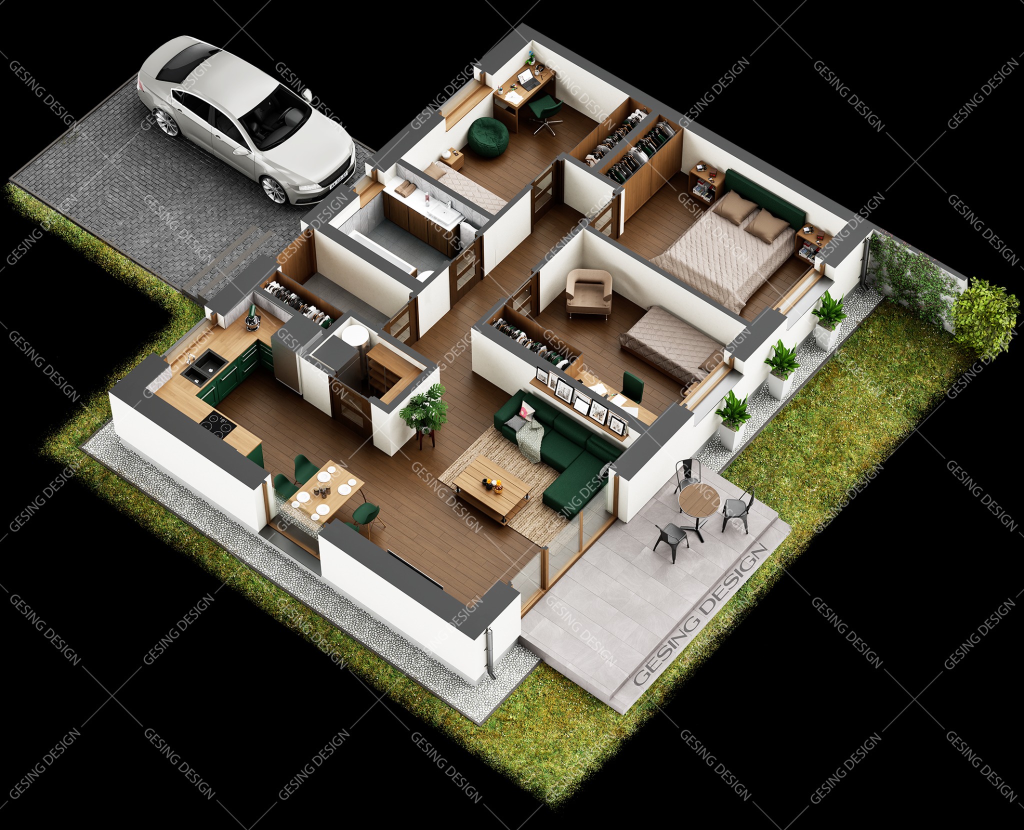 Rzut 3d lokalu B budynku dwulokalowego