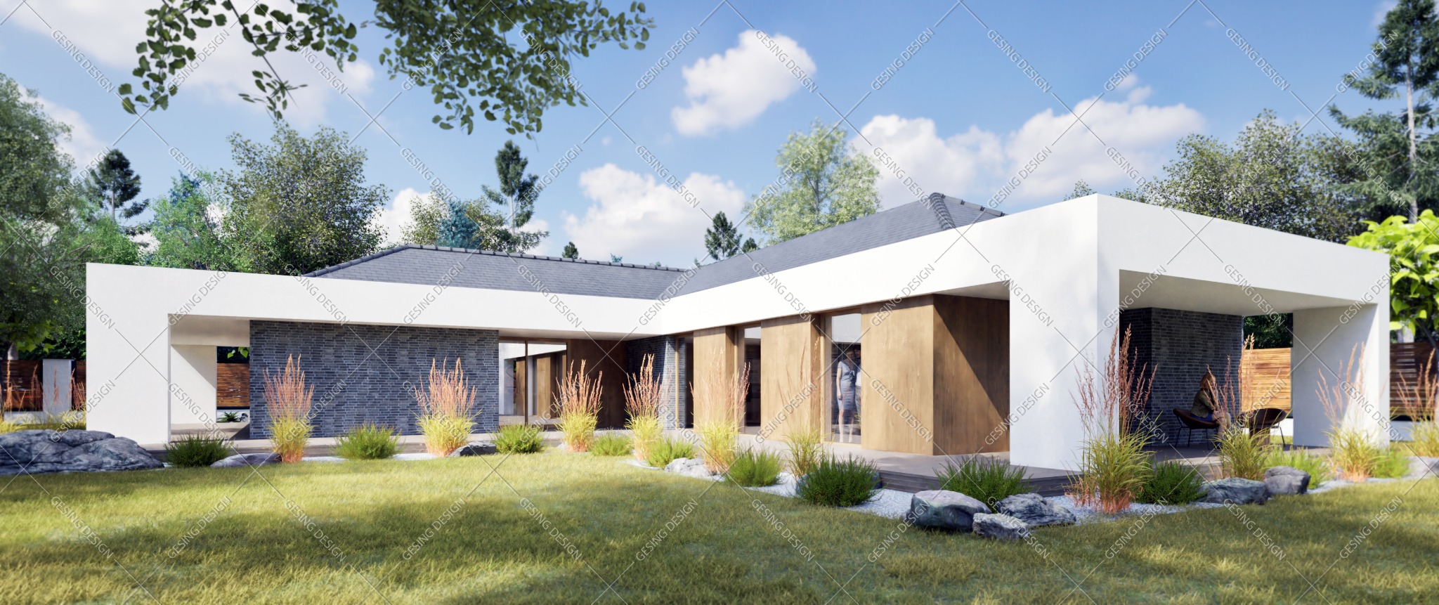 Wizualizacja projektu parterowego domu jednorodzinnego z płaskim dachem, białymi ścianami i elementami z szarej cegły, otoczonego trawnikiem i ozdobnymi kamieniami.