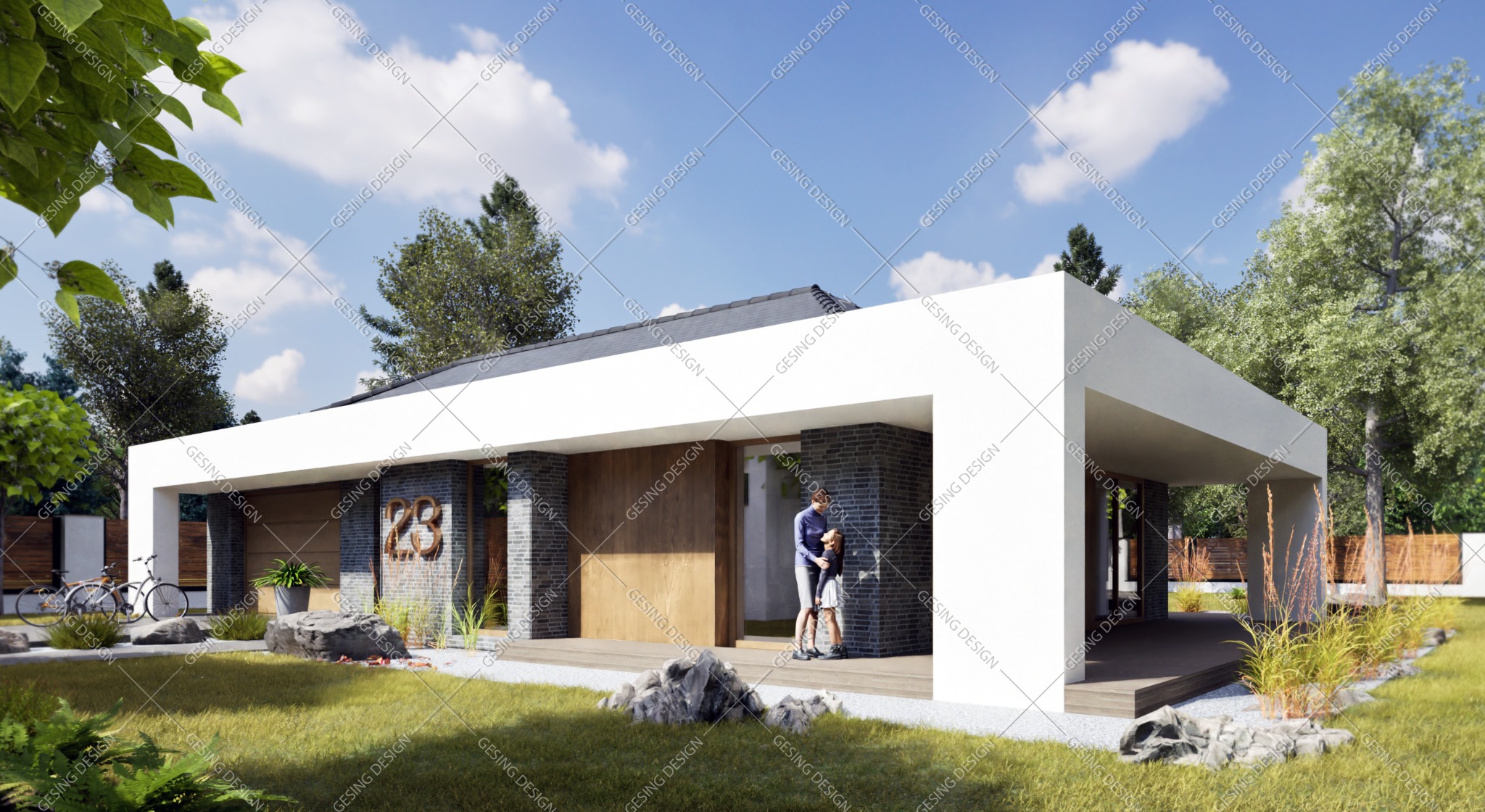 Wizualizacja parterowego domu jednorodzinnego z płaskim dachem, elewacją z szarej cegły i drewnianymi panelami, numer domu '23' przy wejściu, kobieta i dziecko na tarasie, rowery i kamienie...