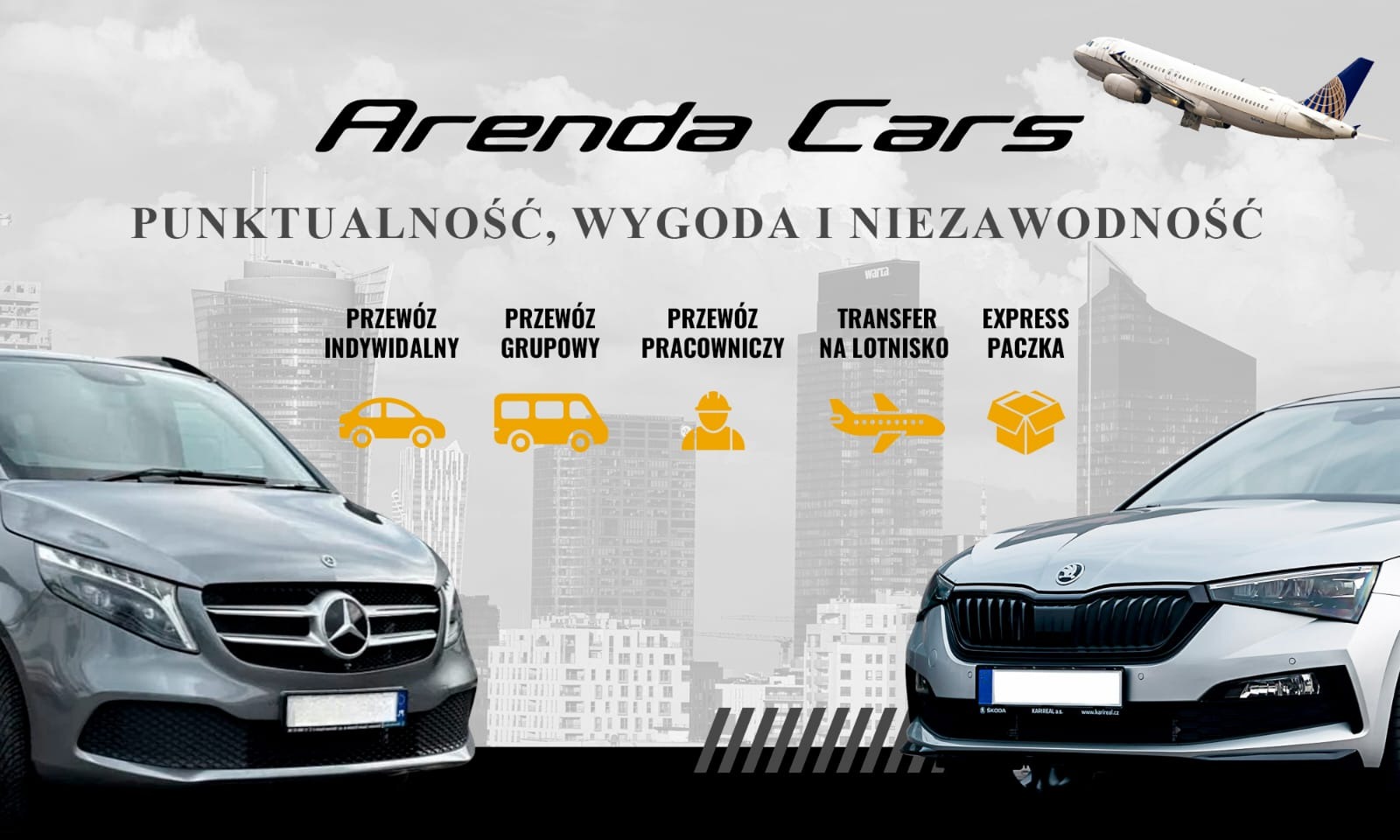 Dwa samochody osobowe, Mercedes V-klasy i Skoda, na tle panoramy miasta i lecącego samolotu, z hasłem 'Punktualność, Wygoda i Niezawodność' oraz ikonami symbolizującymi różne rodzaje transportu.